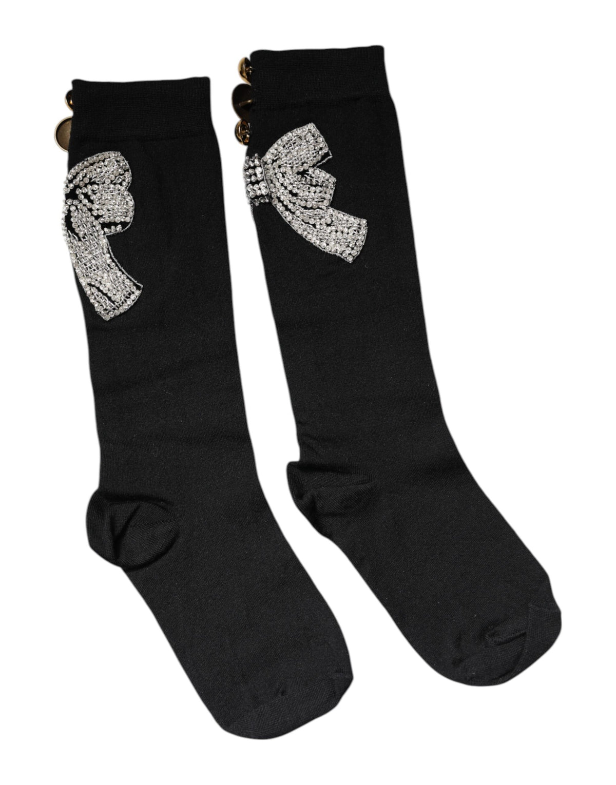 Indulge in the exquisite Dolce & Gabbana Black Knit Floral Crystal Embellishment Socks, a luxurious blend of virgin wool and elegance, perfect for the discerning individual.