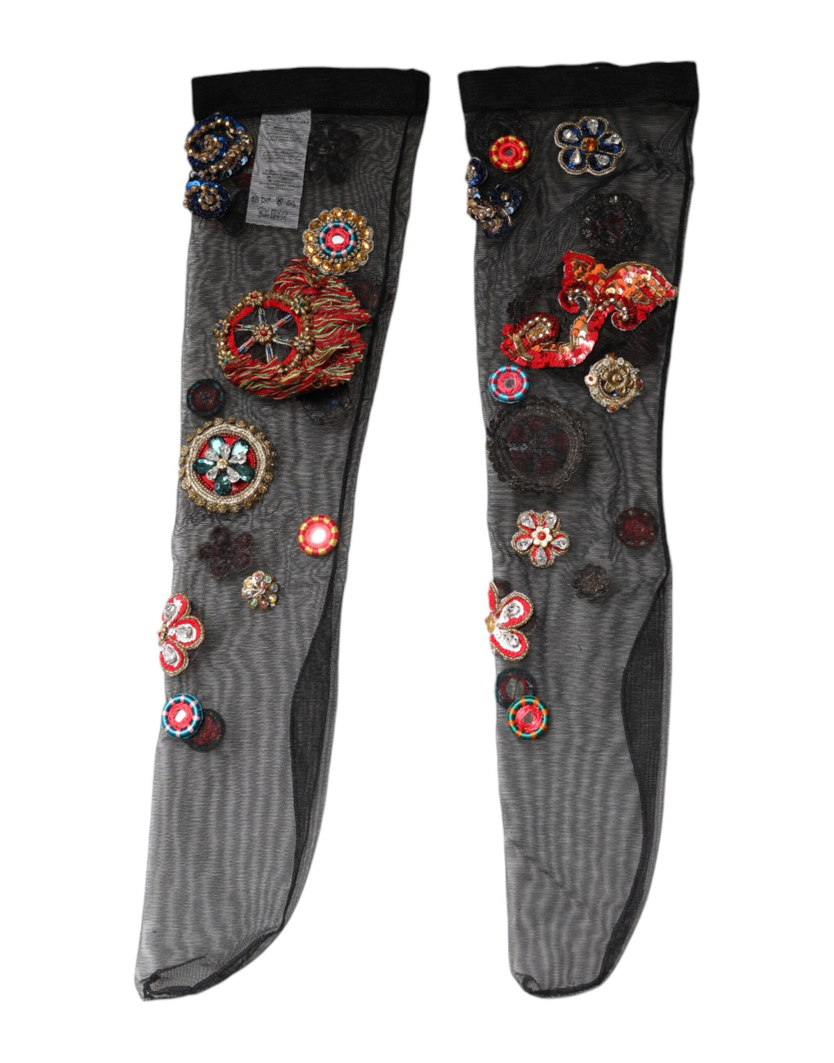 Elevate your elegance with Dolce & Gabbana's Black Stretch Carretto Crystal Stockings, a masterpiece of Italian craftsmanship adorned with exquisite embellishments.