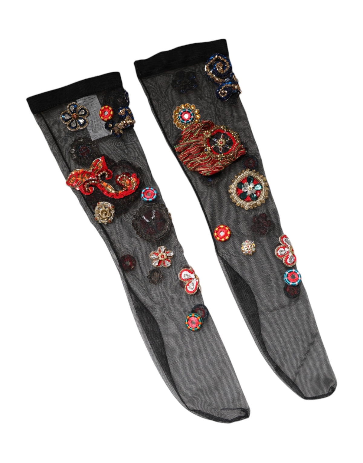 Indulge in the exquisite Dolce & Gabbana Black Stretch Carretto Crystal Stockings, where luxurious nylon and elastane meet artisanal craftsmanship for a statement of elegance.