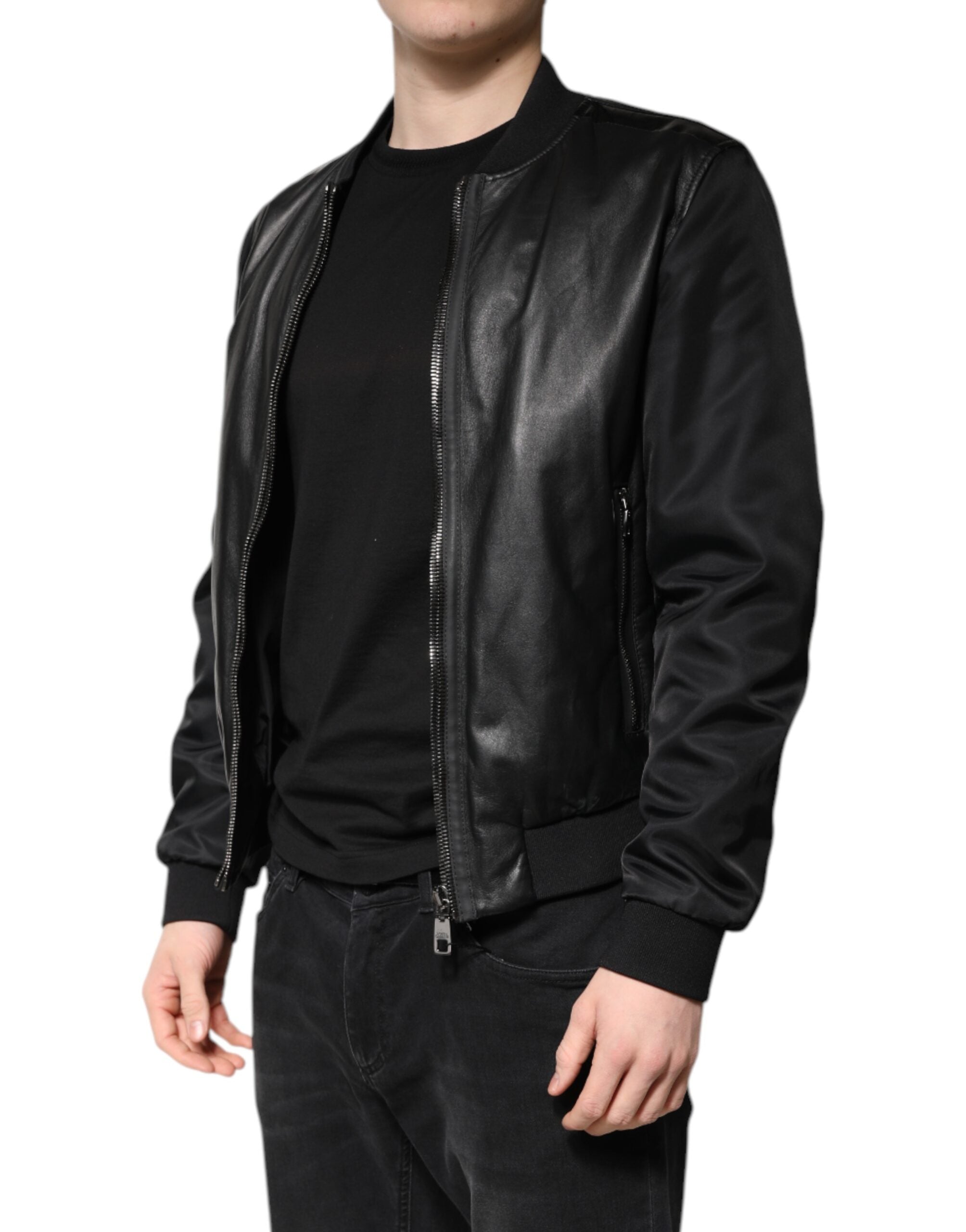 Dolce & Gabbana Black Lambskin Leather Biker Full Zip Jacket
