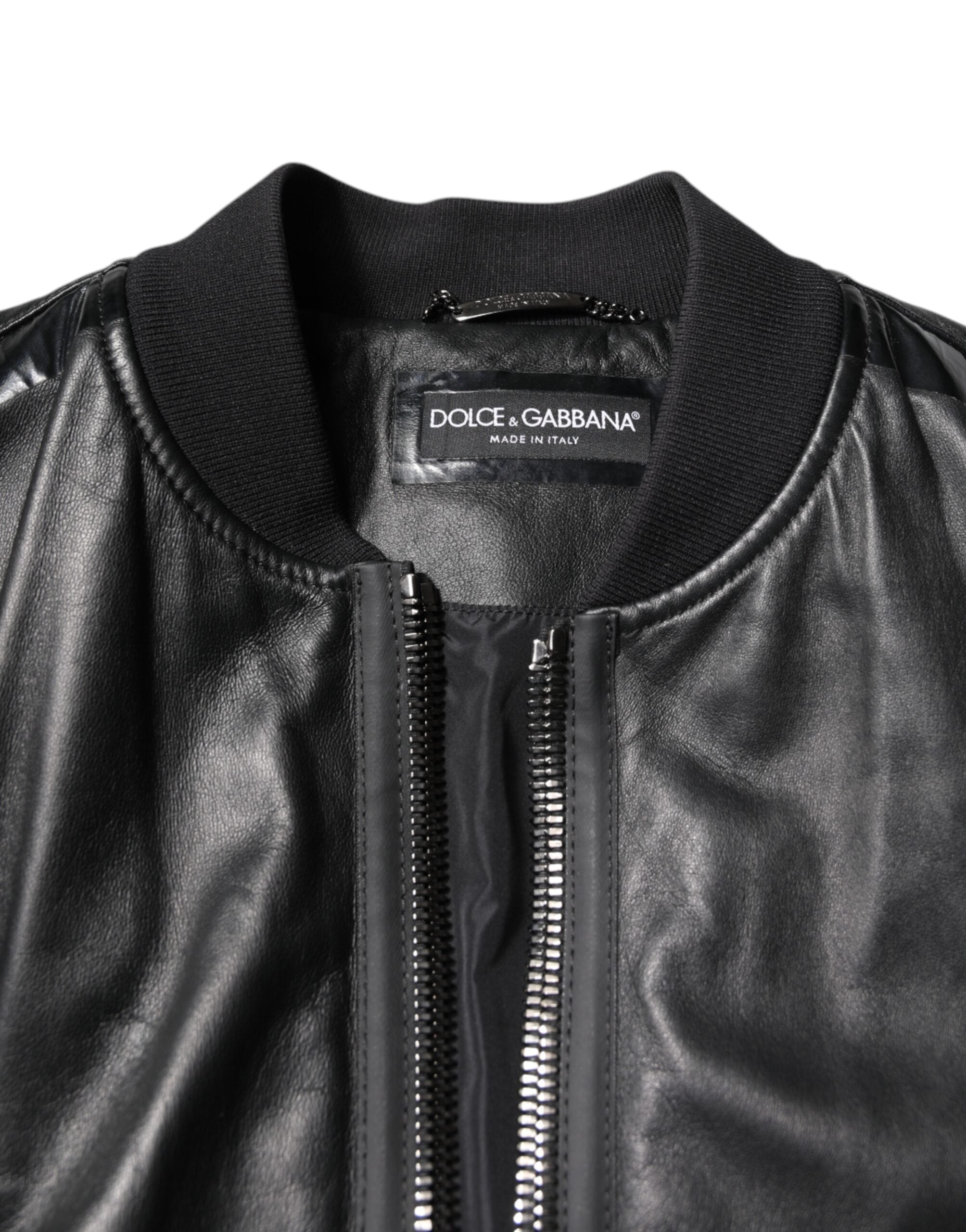 Dolce & Gabbana Black Lambskin Leather Biker Full Zip Jacket