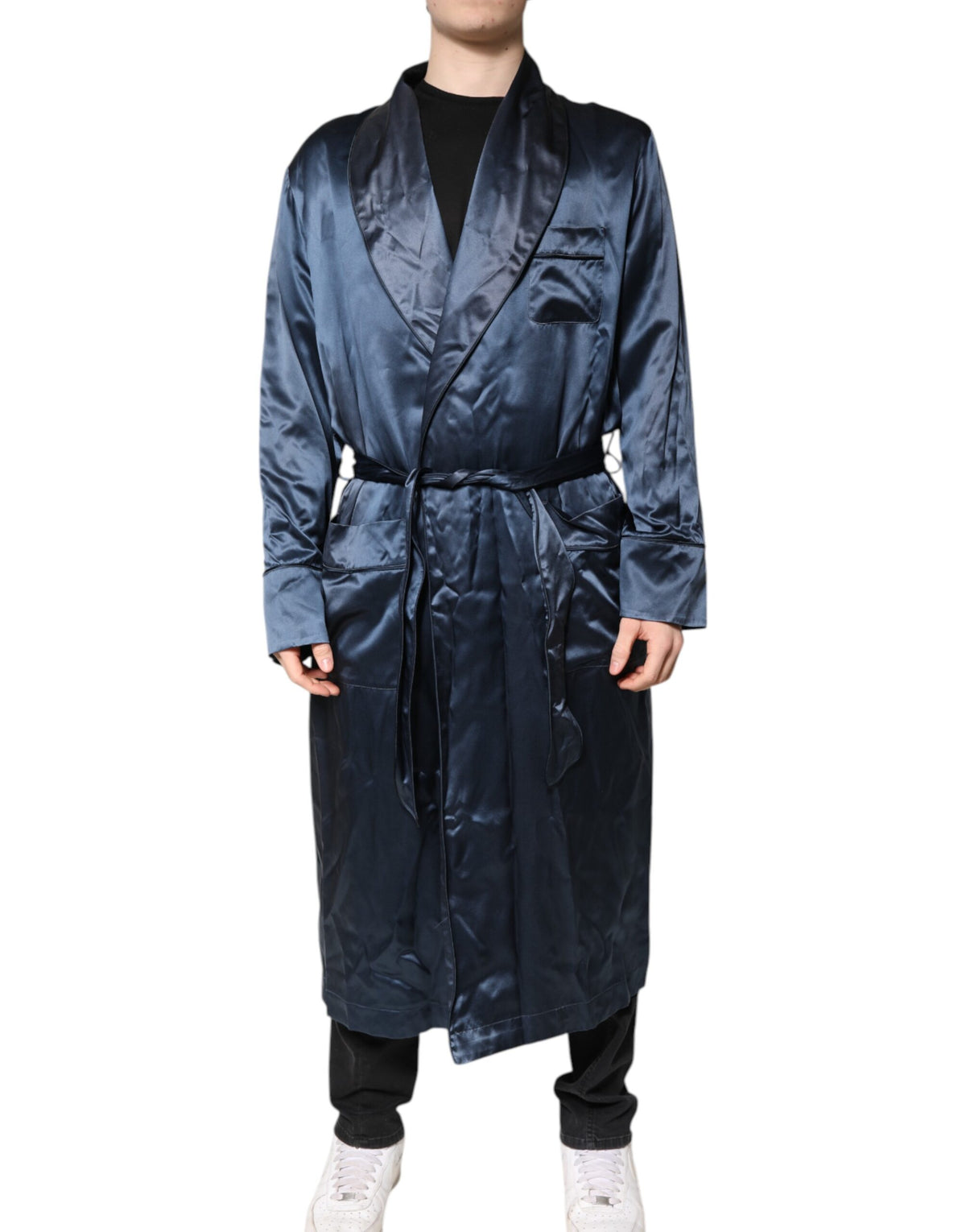Experience the allure of Dolce & Gabbana's Blue Solid Silk Men Wrap Robe Coat Jacket, a masterpiece of Italian craftsmanship that embodies luxury and timeless elegance.