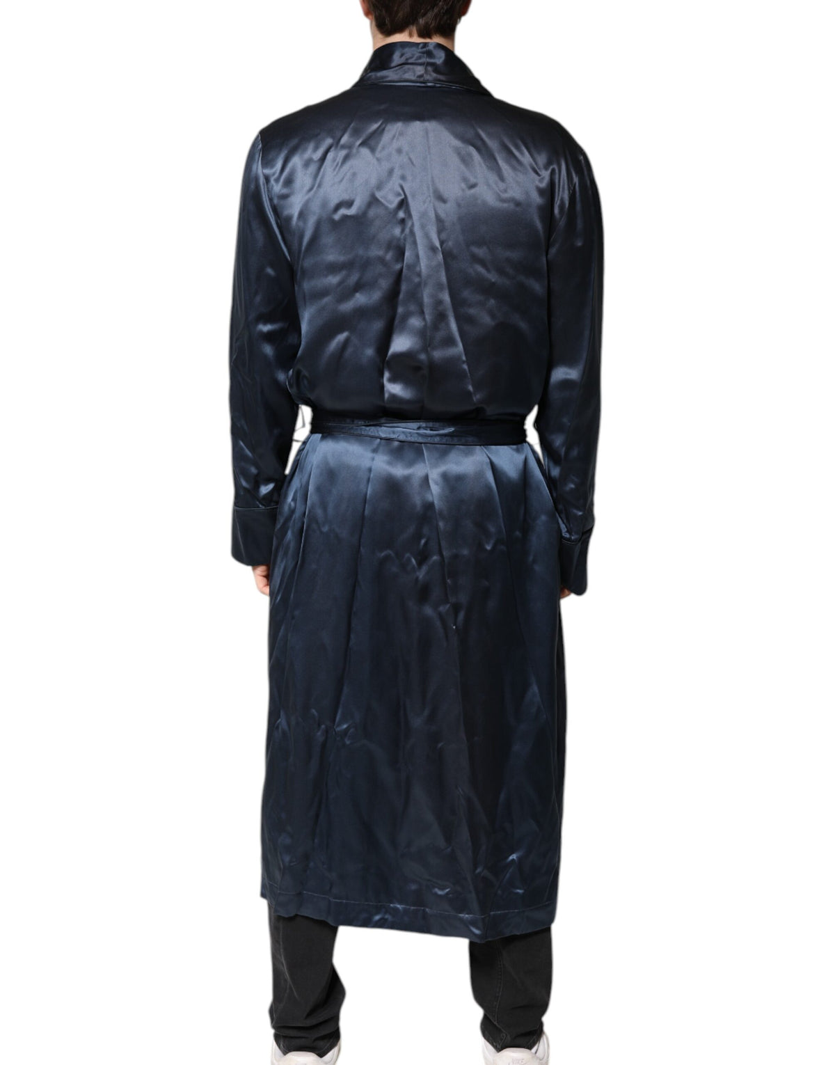 Experience the allure of Dolce & Gabbana's Blue Solid Silk Men Wrap Robe Coat Jacket, where exquisite Italian craftsmanship meets timeless elegance for the discerning individual.