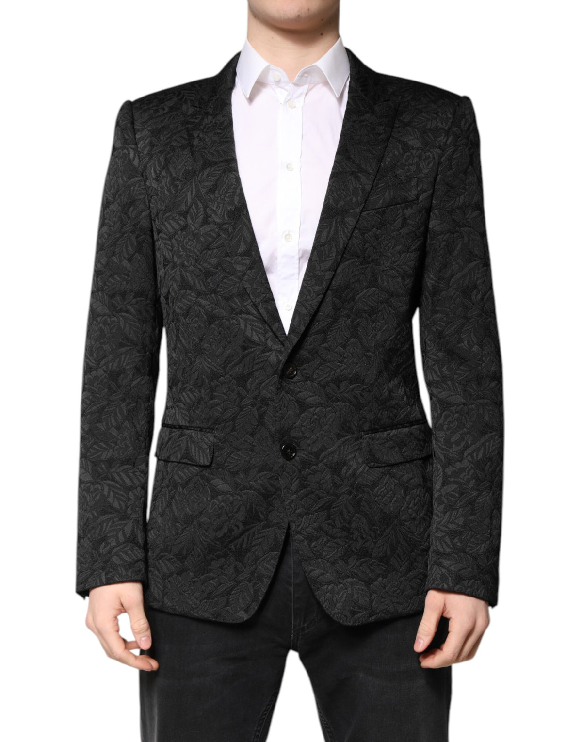 Elevate your wardrobe with the Dolce & Gabbana Black MARTINI Brocade Blazer, a masterpiece of Italian craftsmanship blending silk and brocade for timeless sophistication.