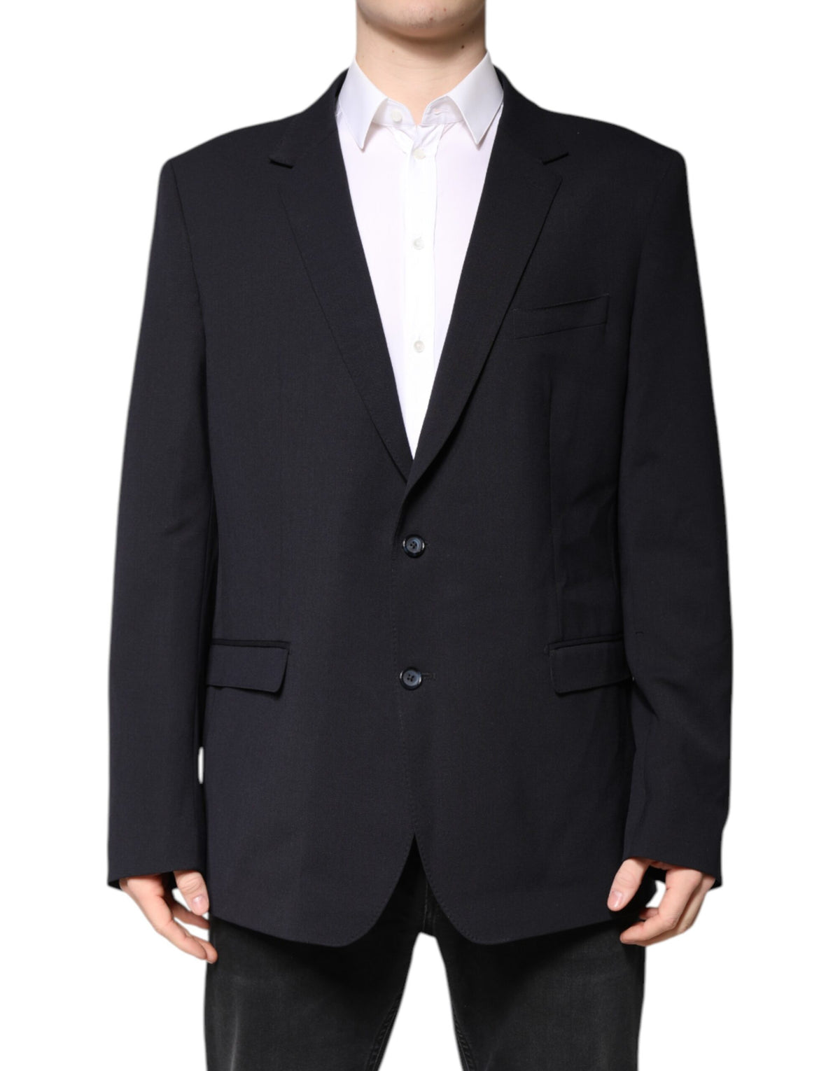 Indulge in the exquisite Dolce & Gabbana Dark Blue Wool Single Breasted Coat Blazer, a timeless masterpiece of luxury craftsmanship, designed for the discerning individual who embodies elegance and sophistication.