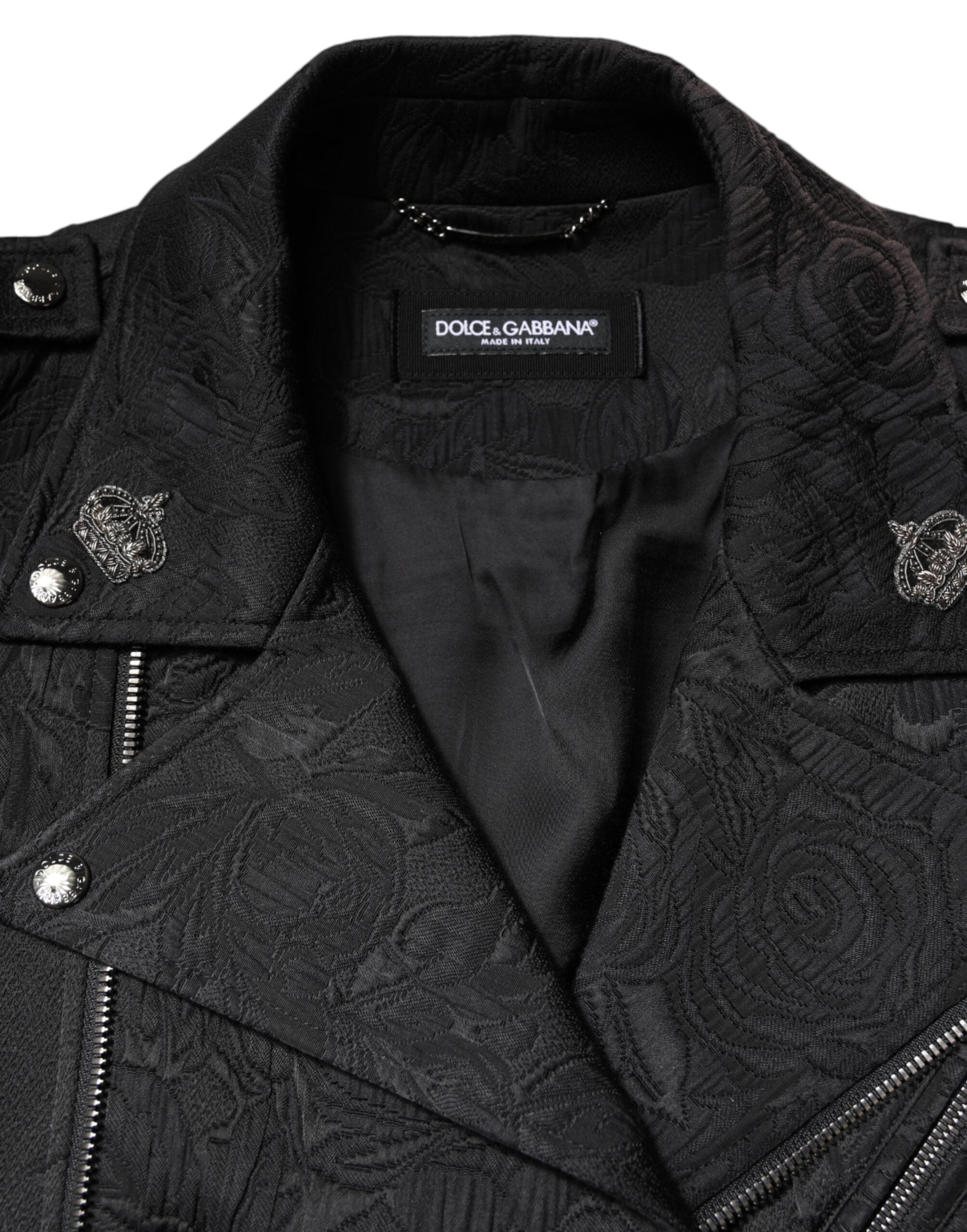 Dolce & Gabbana Black Brocade Cotton Full Zip Biker Jacket