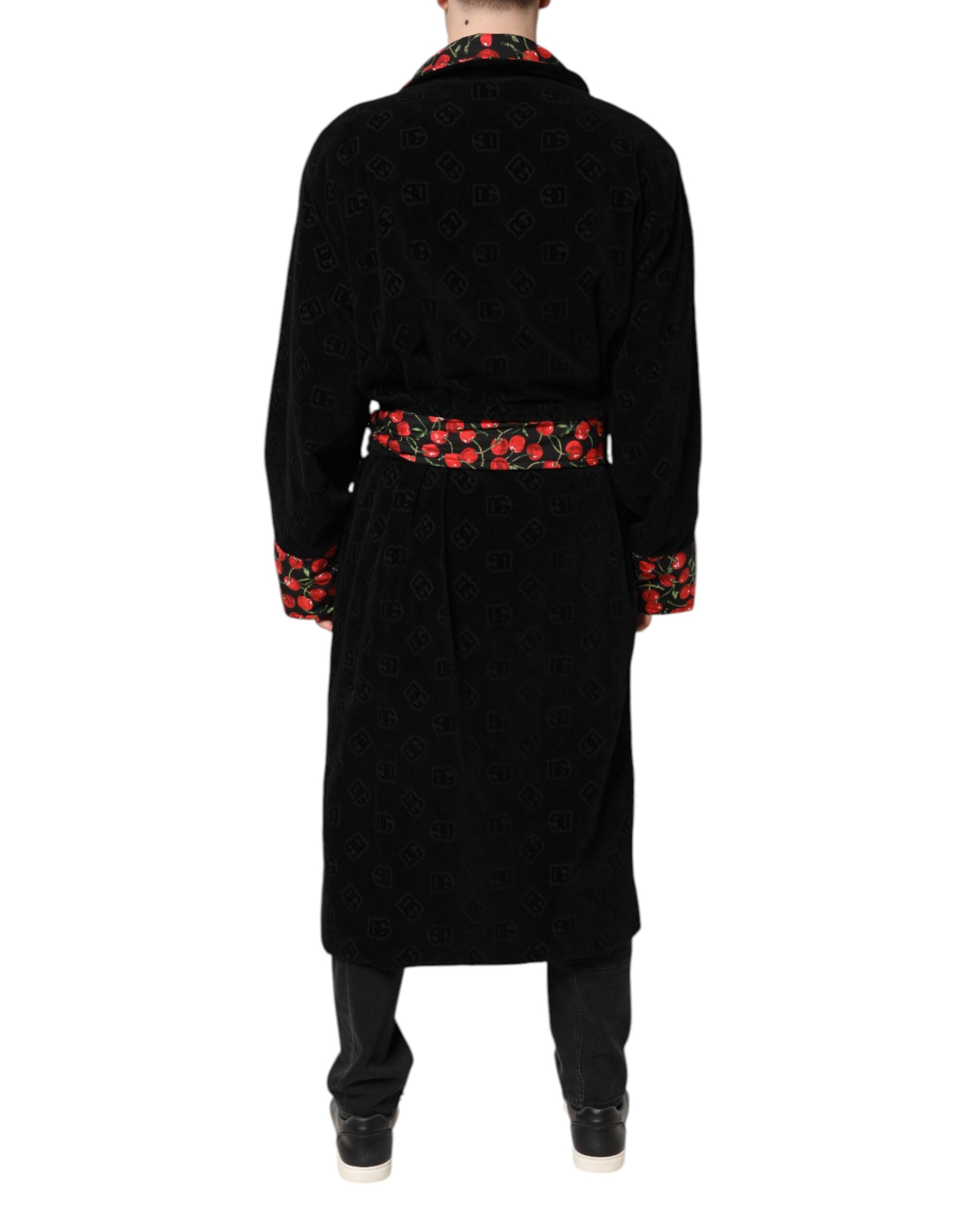 Dolce & Gabbana Black Cherry Print Wrap Robe Men Coat Jacket