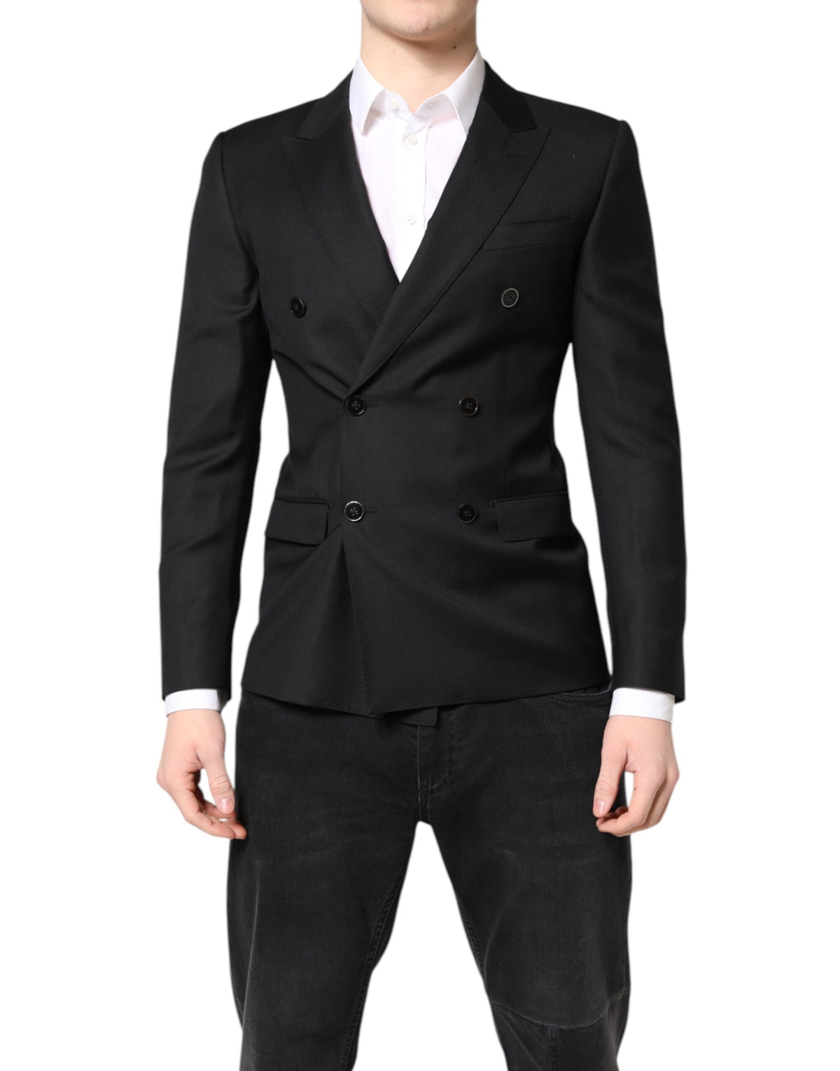 Indulge in the exquisite Dolce & Gabbana Black MARTINI Double Breasted Coat Blazer, crafted from 100% Virgin Wool, embodying timeless elegance and refined sophistication.