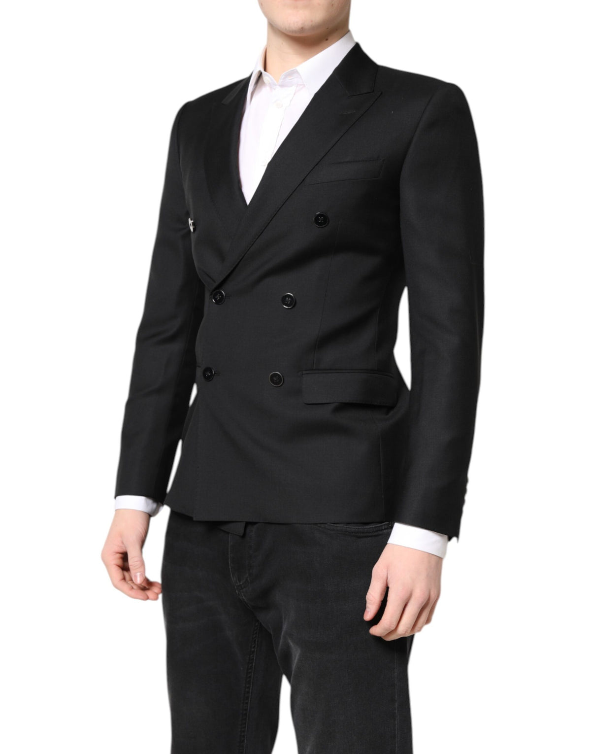 Indulge in the Dolce & Gabbana Black MARTINI Double Breasted Coat Blazer, a masterpiece of 100% Virgin Wool that embodies timeless elegance and sophisticated allure.