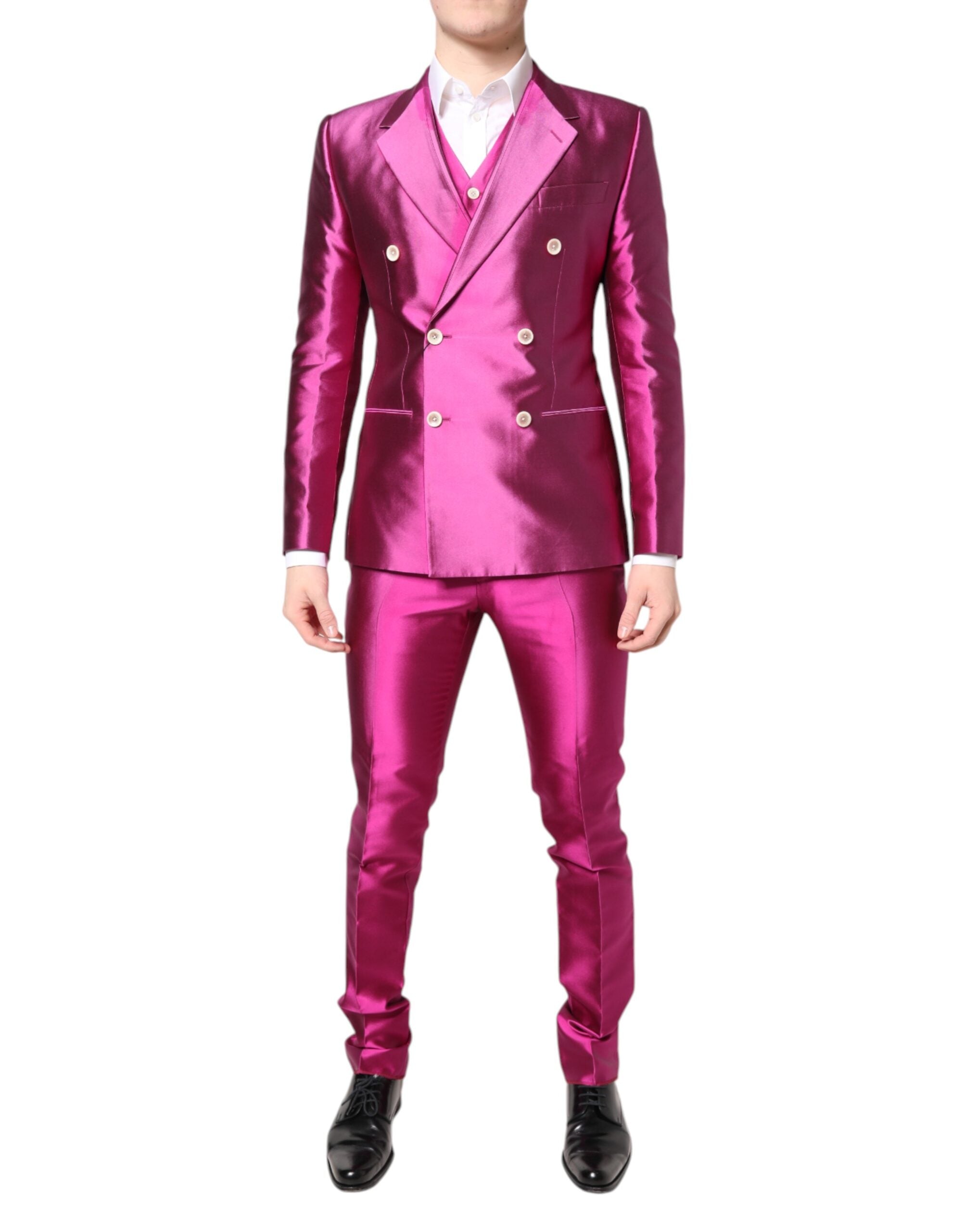 Indulge in the exquisite Dolce & Gabbana Pink SICILIA Double Breasted 3 Piece Suit, crafted from luxurious silk, embodying elegance and sophistication for unforgettable moments.
