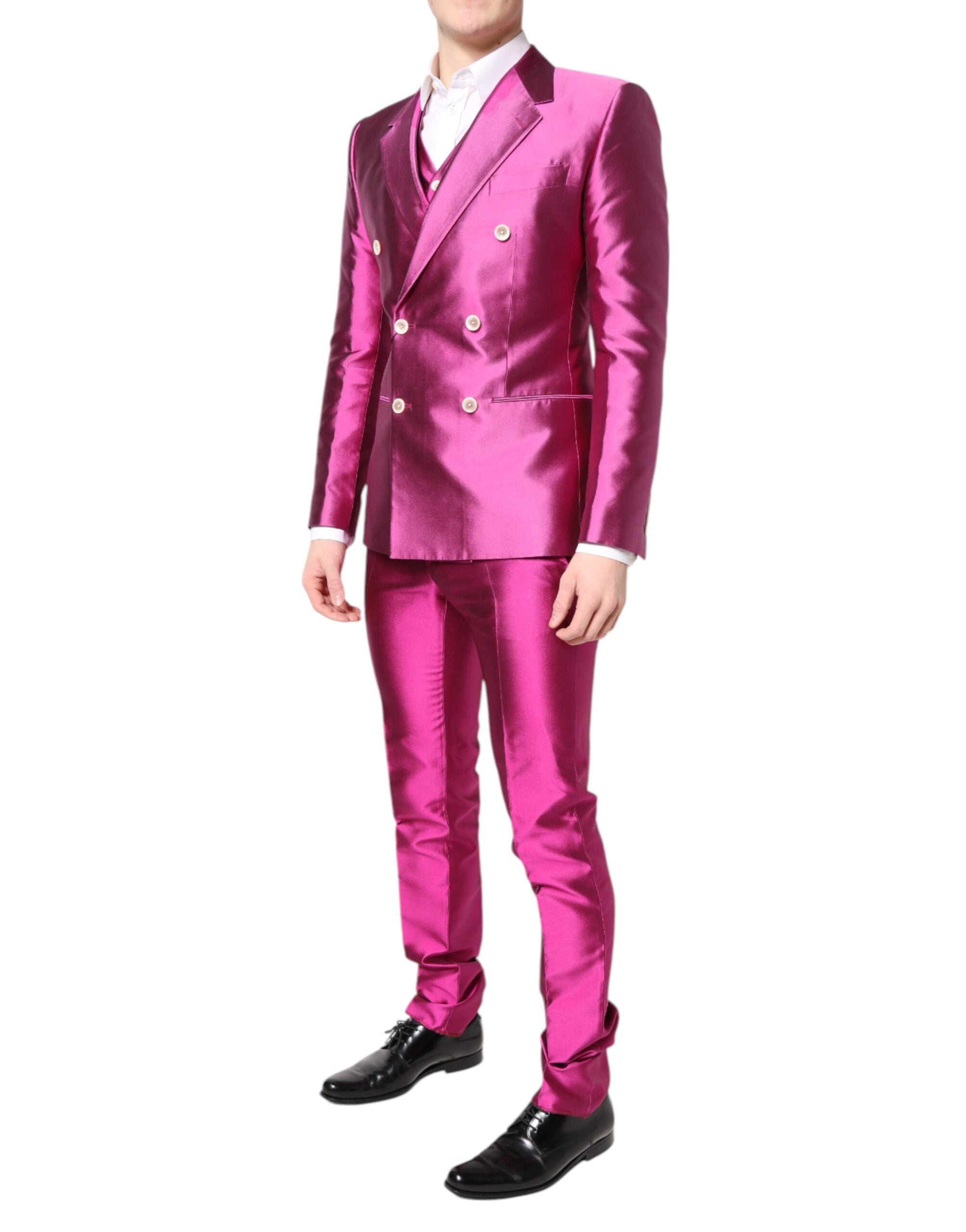 Indulge in the Dolce & Gabbana Pink SICILIA Double Breasted 3 Piece Suit, a silk masterpiece that embodies elegance and sophistication for unforgettable moments.