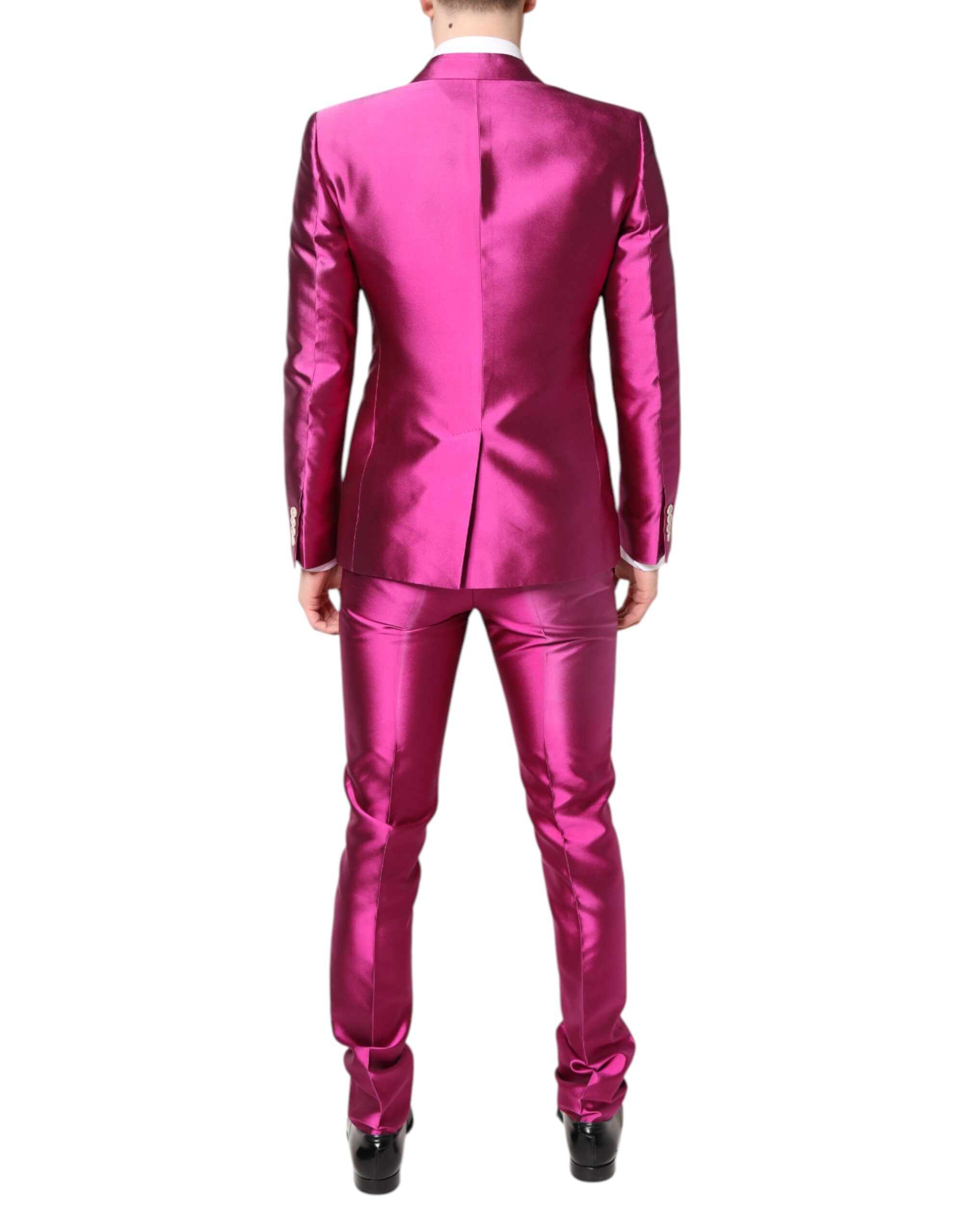 Elevate your elegance with the Dolce & Gabbana Pink SICILIA Double Breasted 3 Piece Suit, crafted from sumptuous silk for a timeless allure that captivates.