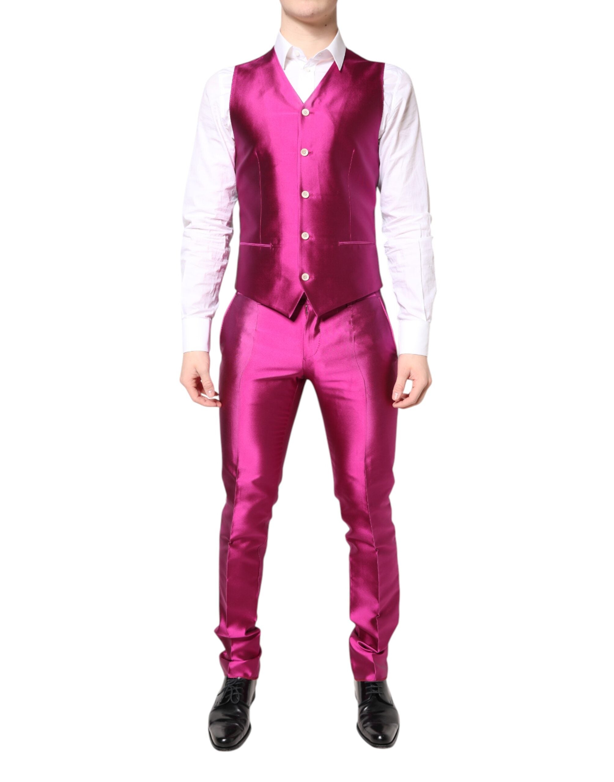Elevate your elegance with the Dolce & Gabbana Pink SICILIA Double Breasted 3 Piece Suit, crafted in luxurious silk, embodying sophistication for unforgettable moments.