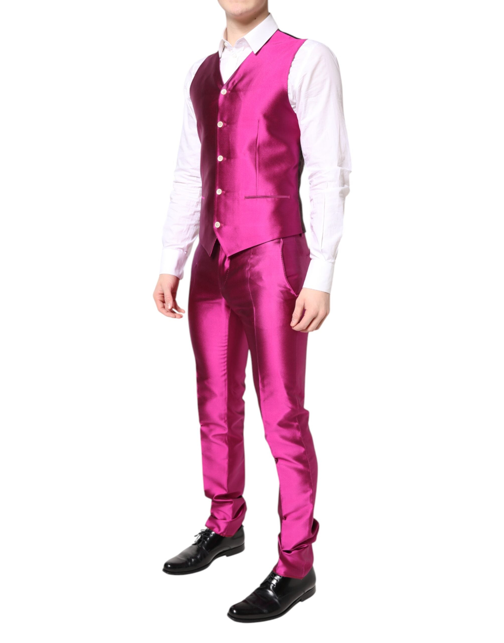 Indulge in the exquisite Dolce & Gabbana Pink SICILIA Double Breasted 3 Piece Suit, crafted from luxurious silk, embodying elegance and sophistication for unforgettable moments.