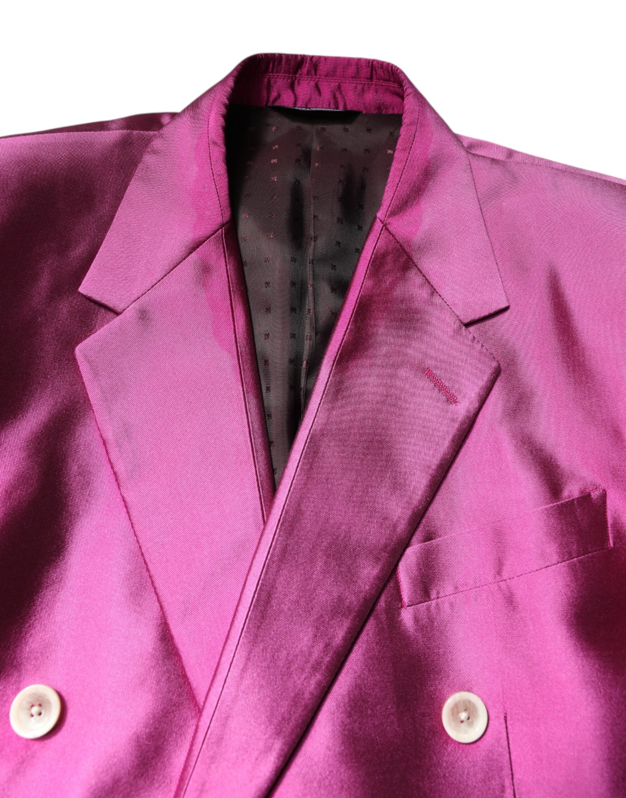Elevate your elegance with the Dolce & Gabbana Pink SICILIA Double Breasted 3 Piece Suit, crafted from luxurious silk, embodying sophistication for unforgettable moments.