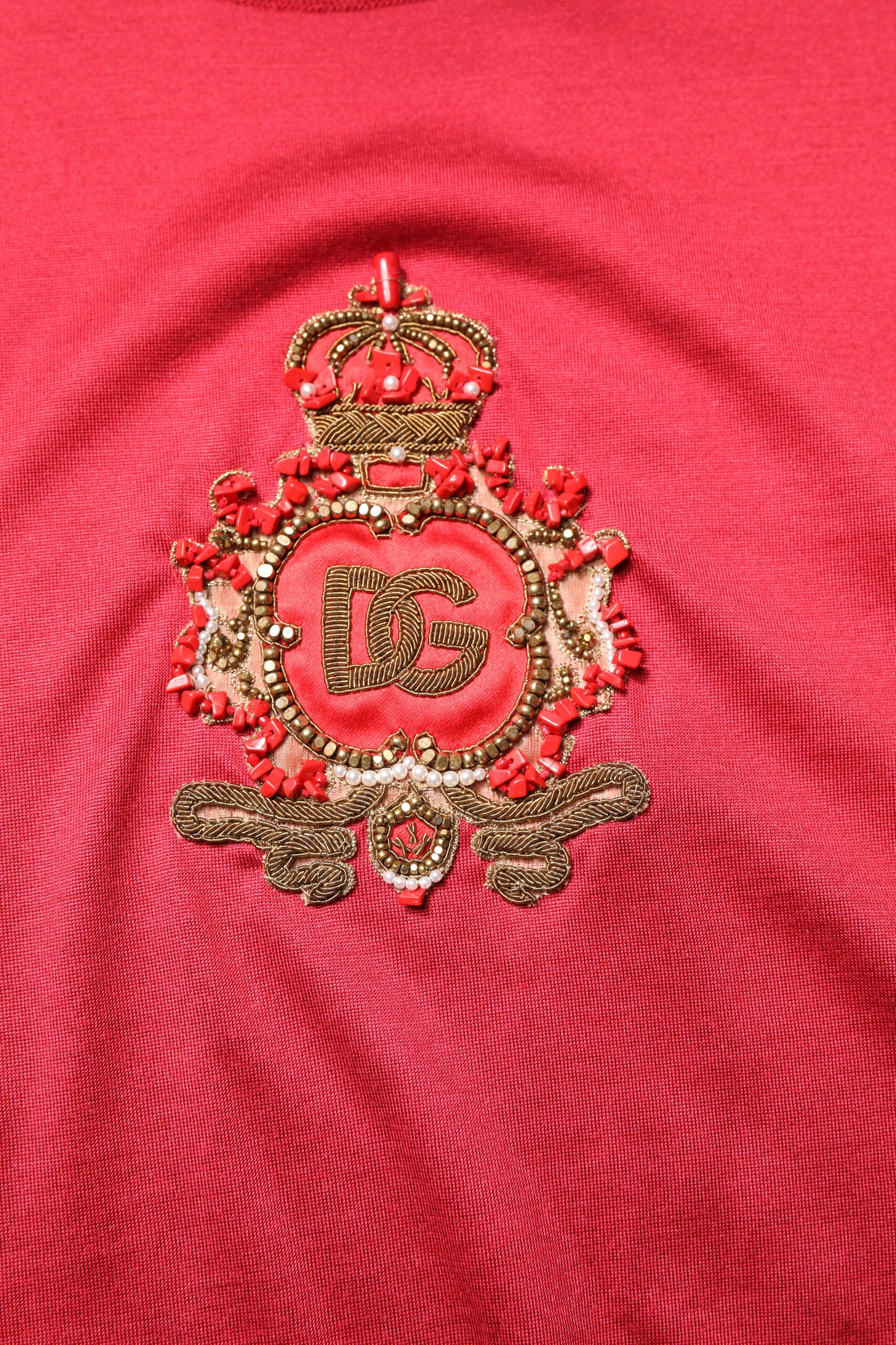 Dolce & Gabbana Red Silk DG Crown Logo Short Sleeve T-shirt