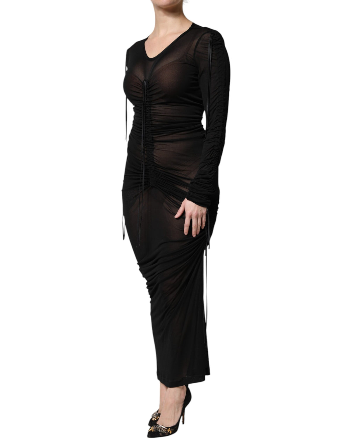 Discover the Dolce & Gabbana Black Mesh Trim Bodycon Long Sheath Dress, a masterpiece of Italian craftsmanship in luxurious silk and viscose, designed for the discerning individual who embodies elegance and sophistication.