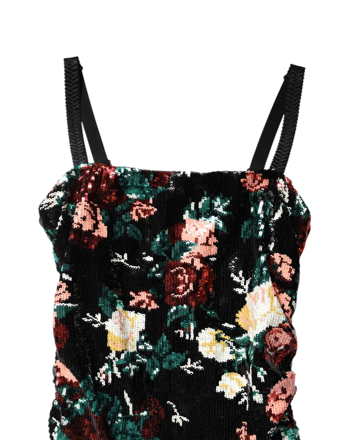 Elevate your elegance with the Dolce & Gabbana Black Floral Sequin Sleeveless Sheath Dress, a luxurious blend of silk and polyester that embodies timeless allure and exquisite craftsmanship.