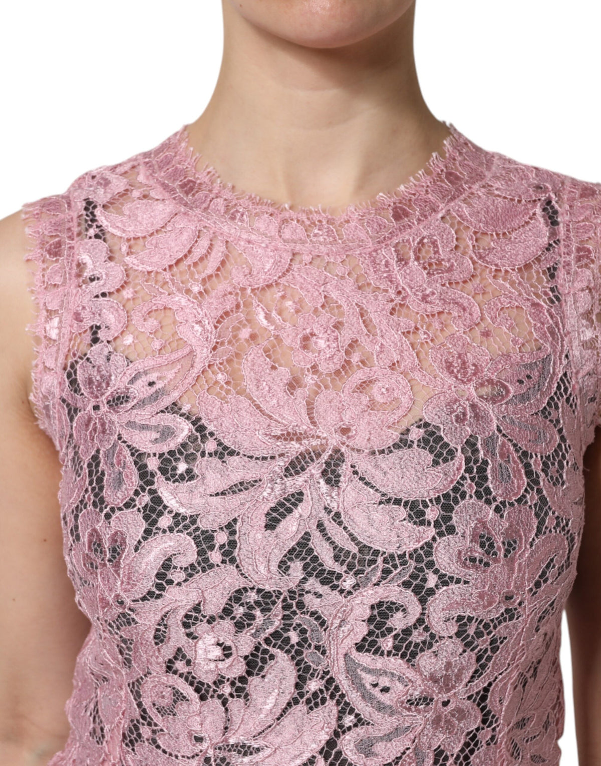 Elevate your elegance with the Dolce & Gabbana Pink Floral Lace Sleeveless Sheath Dress, a masterpiece of Italian craftsmanship that embodies timeless luxury and sophistication.