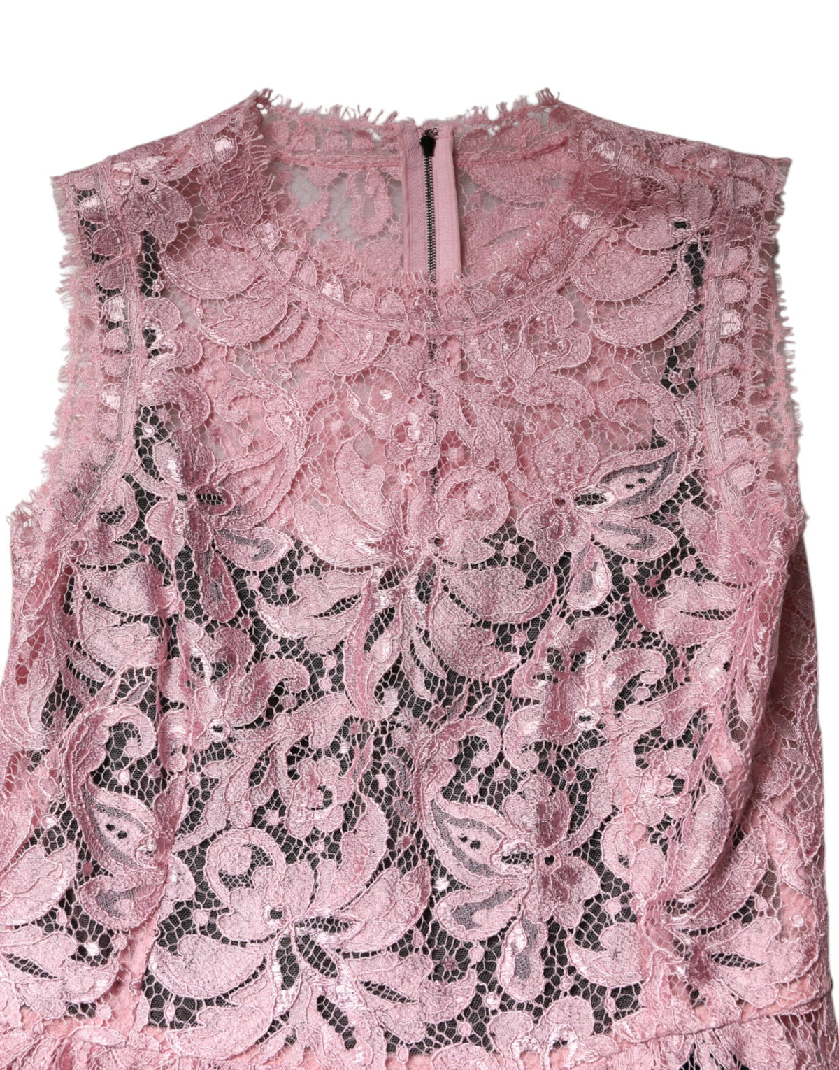 Indulge in the exquisite Dolce & Gabbana Pink Floral Lace Sleeveless Sheath Dress, where luxurious silk and intricate lace converge, embodying timeless elegance for the discerning individual.