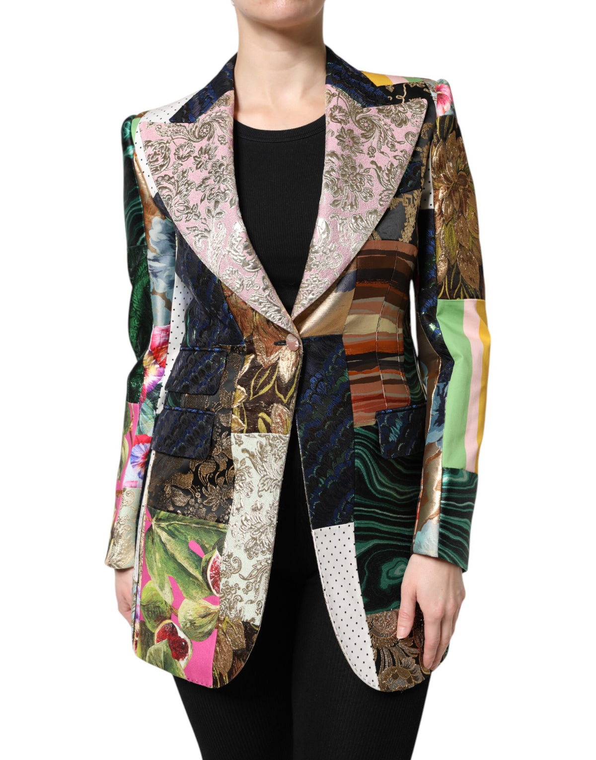 Indulge in the exquisite artistry of the Dolce & Gabbana Multicolor Floral Patchwork Jacquard Jacket, a masterpiece of haute couture that elevates your elegance with luxurious fabrics and impeccable craftsmanship.