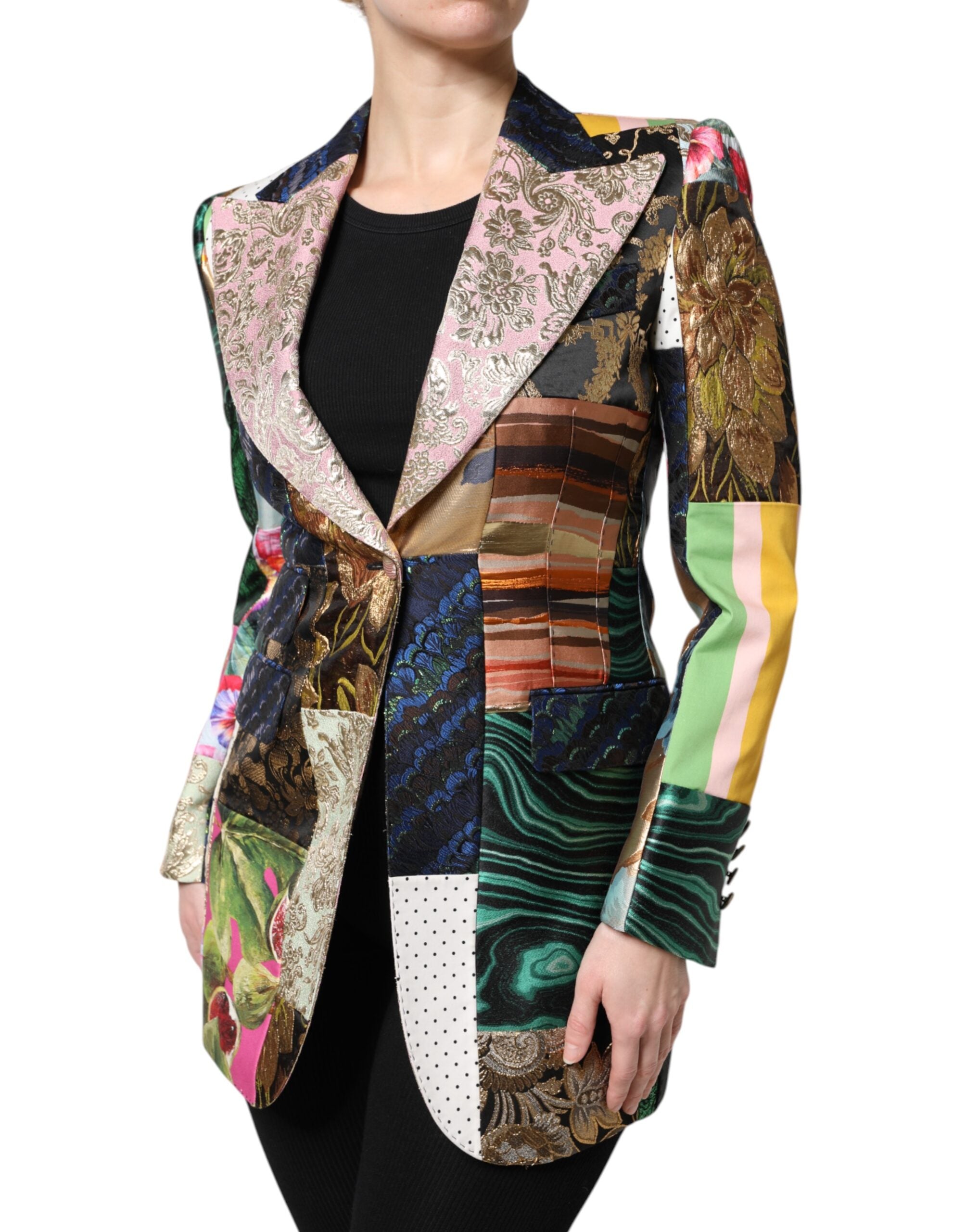 Elevate your wardrobe with the Dolce & Gabbana Multicolor Floral Patchwork Jacquard Jacket, a masterpiece of Italian craftsmanship that embodies luxury and sophistication.
