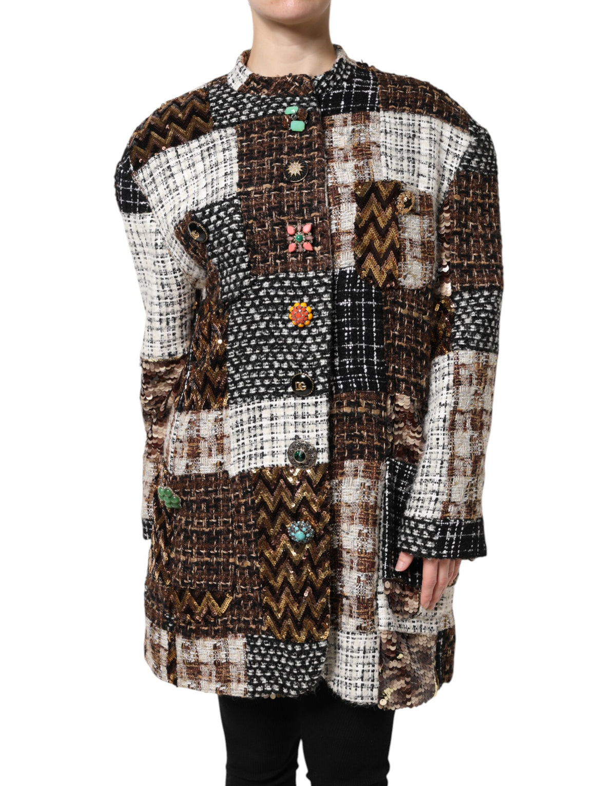 Indulge in the exquisite Dolce & Gabbana Multicolor Patchwork Button Down Jacket, a masterpiece of luxurious materials and artistry, perfect for the discerning individual.