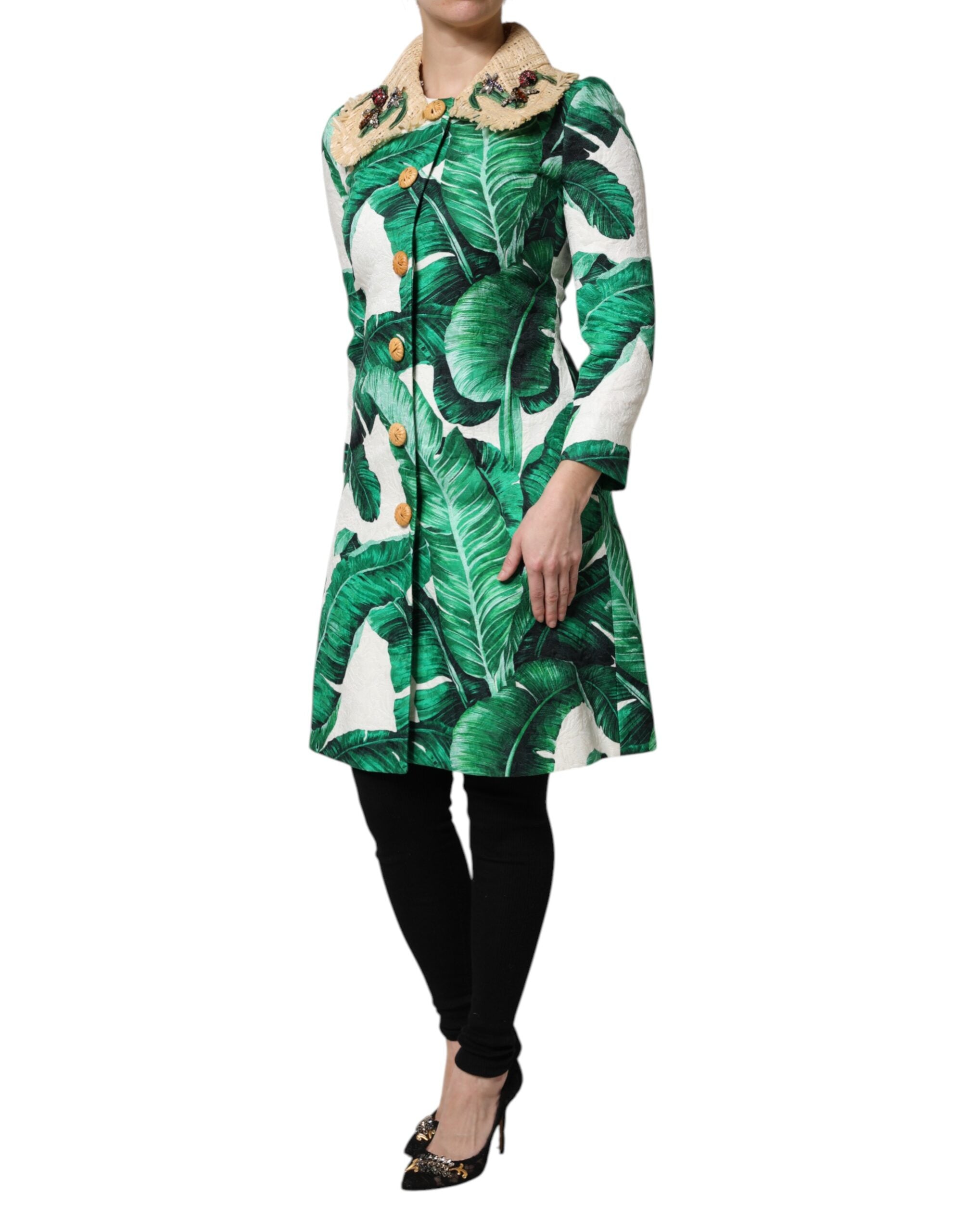Dolce & Gabbana Multicolor Leaf Print Embellished Trenchcoat Jacket