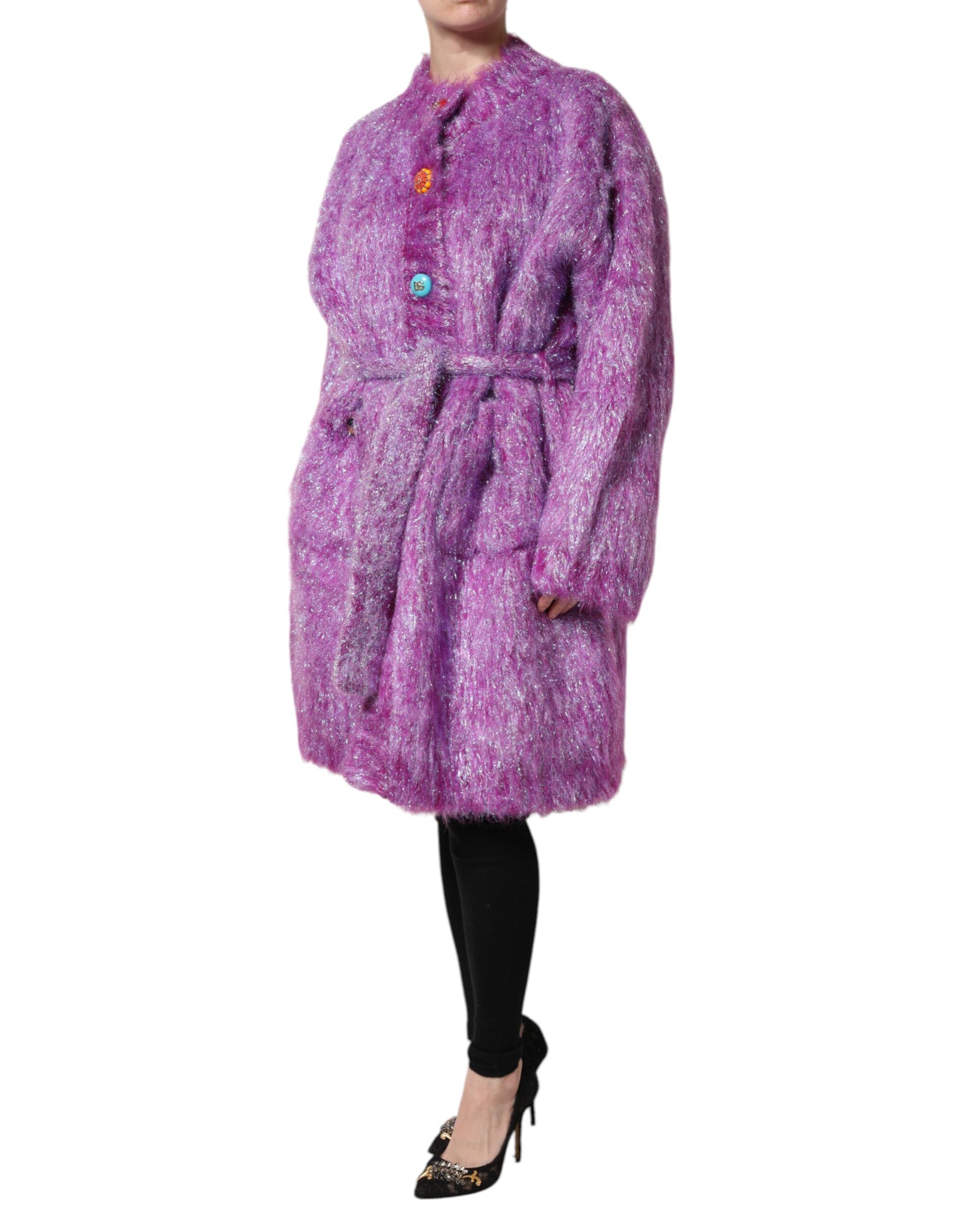 Elevate your wardrobe with the Dolce & Gabbana Purple Button Embellished Trench Coat, a luxurious blend of wool and mohair that embodies timeless elegance and exquisite craftsmanship.