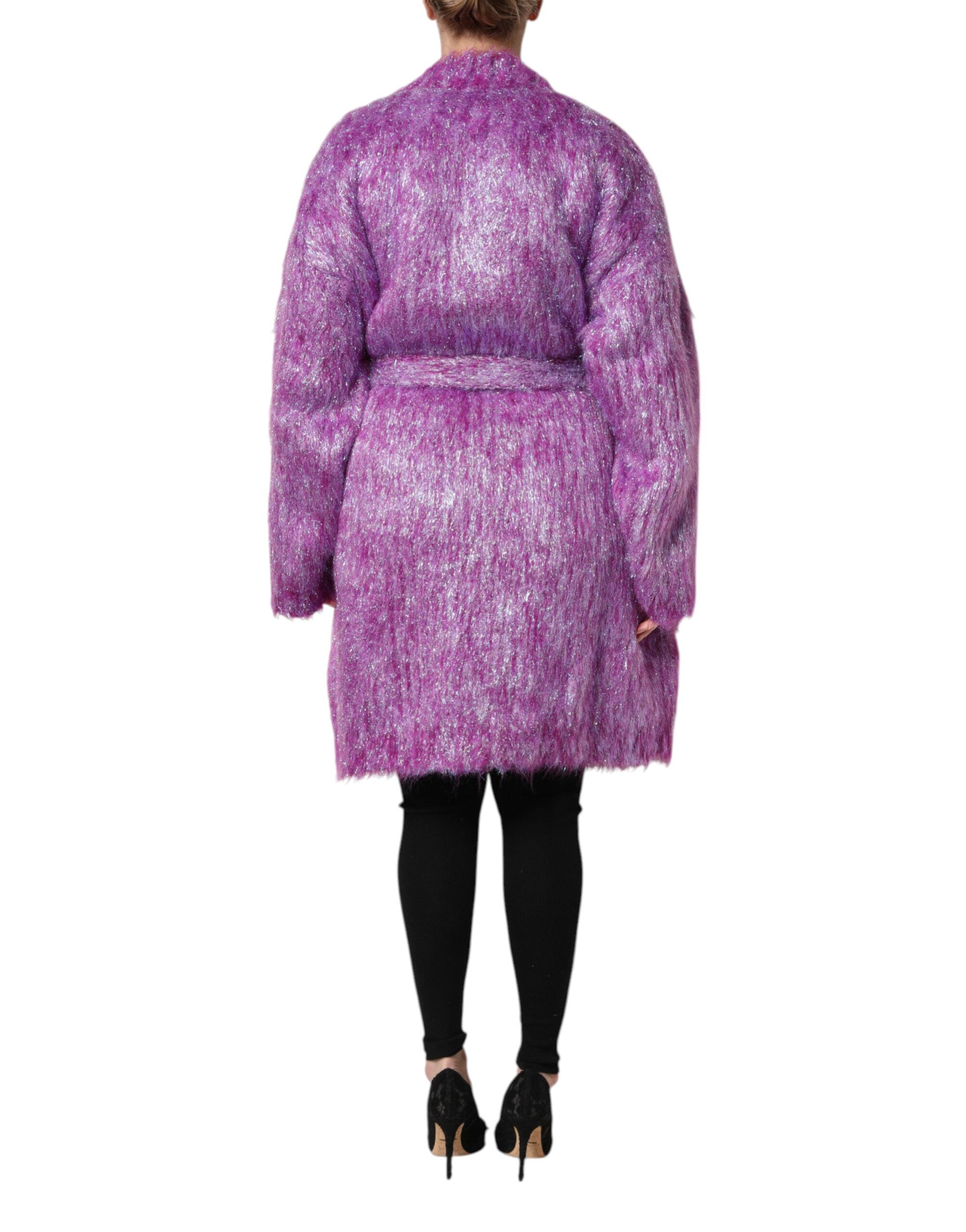 Experience the exquisite elegance of the Dolce & Gabbana Purple Button Embellished Trench Coat, a luxurious blend of wool and mohair, crafted for timeless allure.