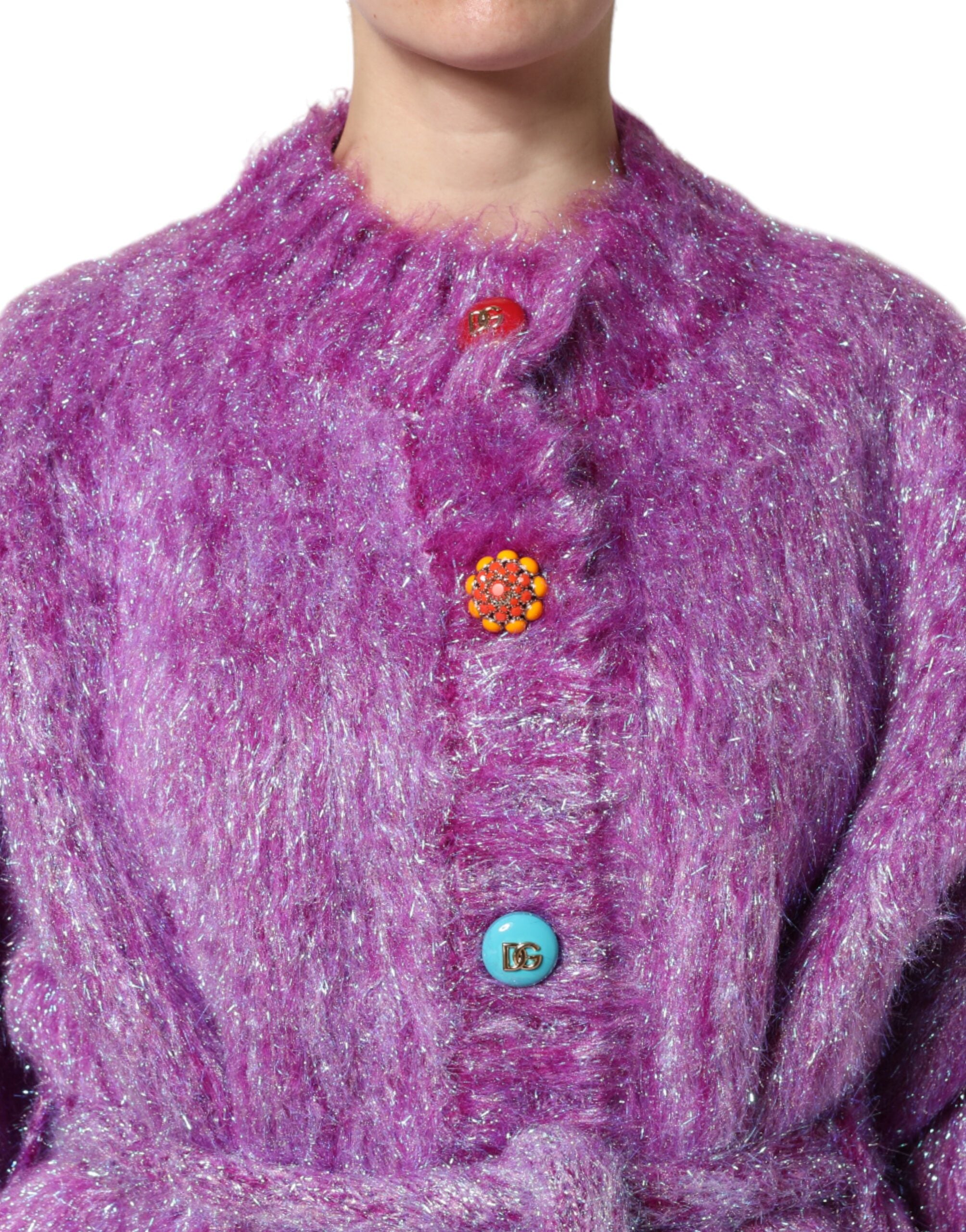 Elevate your wardrobe with the Dolce & Gabbana Purple Button Embellished Trench Coat, a luxurious blend of wool and mohair, embodying exquisite craftsmanship and timeless elegance.