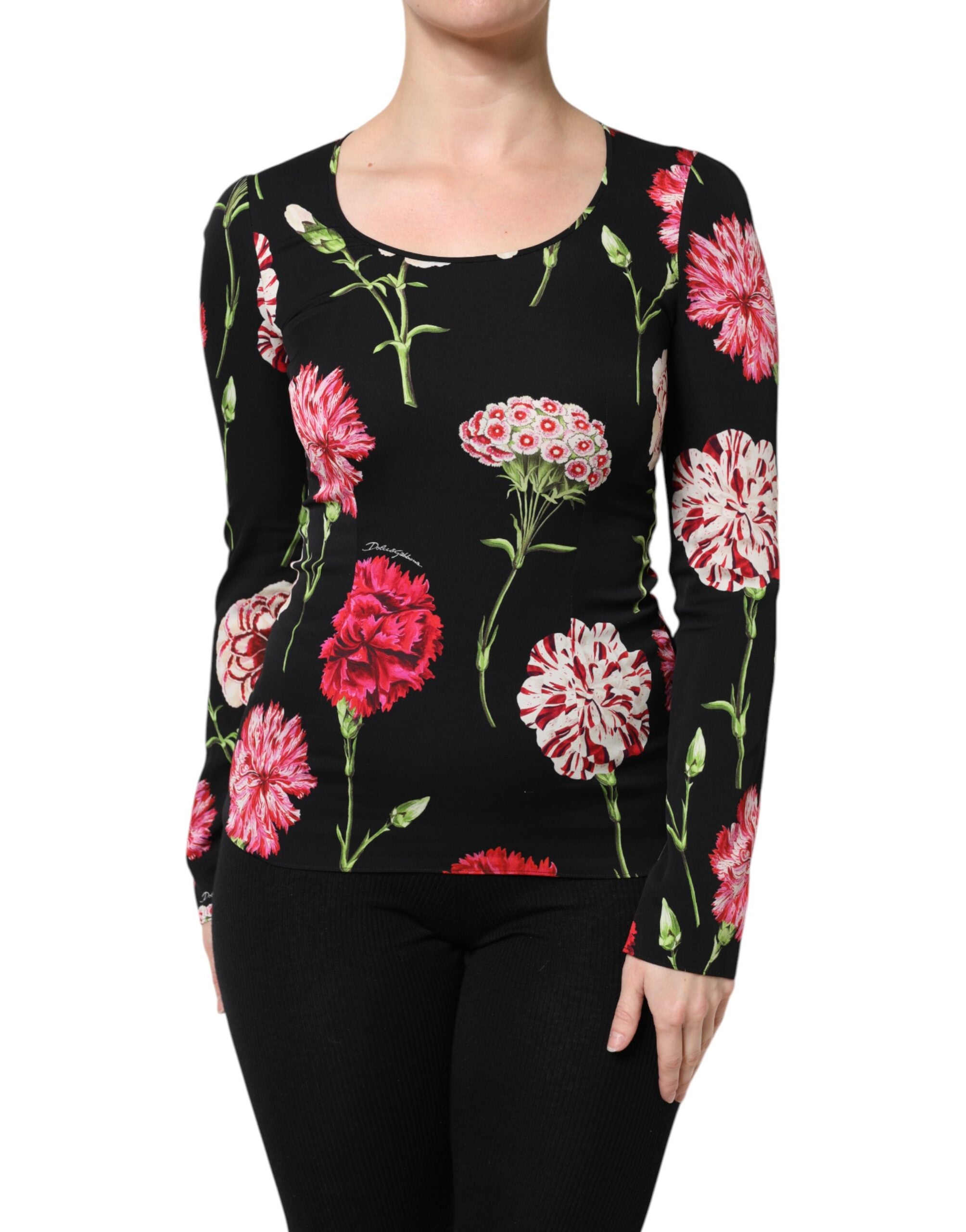 Elevate your wardrobe with the Dolce & Gabbana Black Floral Long Sleeve Blouse, a masterpiece of silk and elastane, embodying exquisite Italian craftsmanship and timeless elegance.