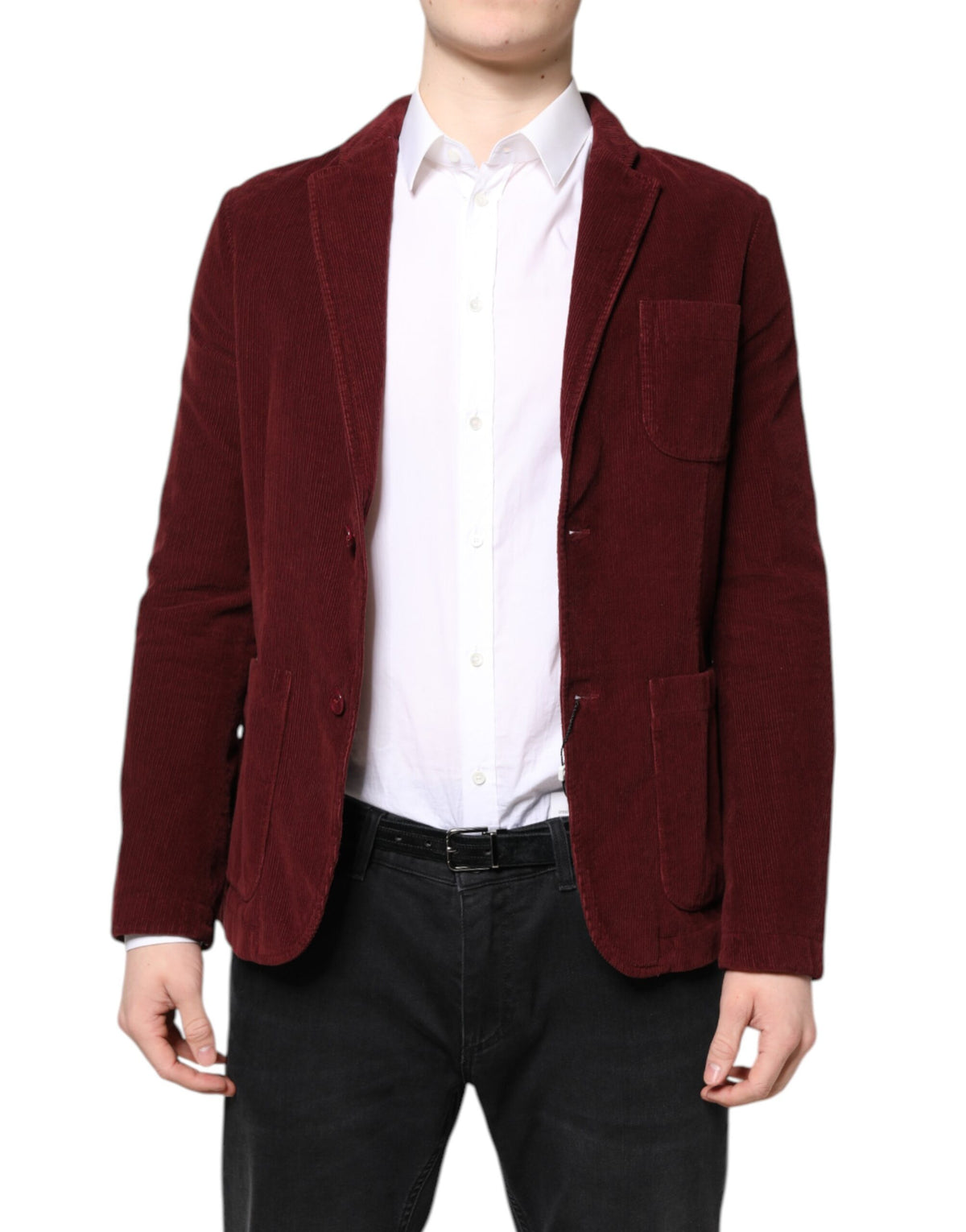 Elevate your wardrobe with the GF Ferre Maroon Corduroy Blazer, a masterpiece of Italian craftsmanship that embodies timeless elegance and sophistication for the discerning individual.