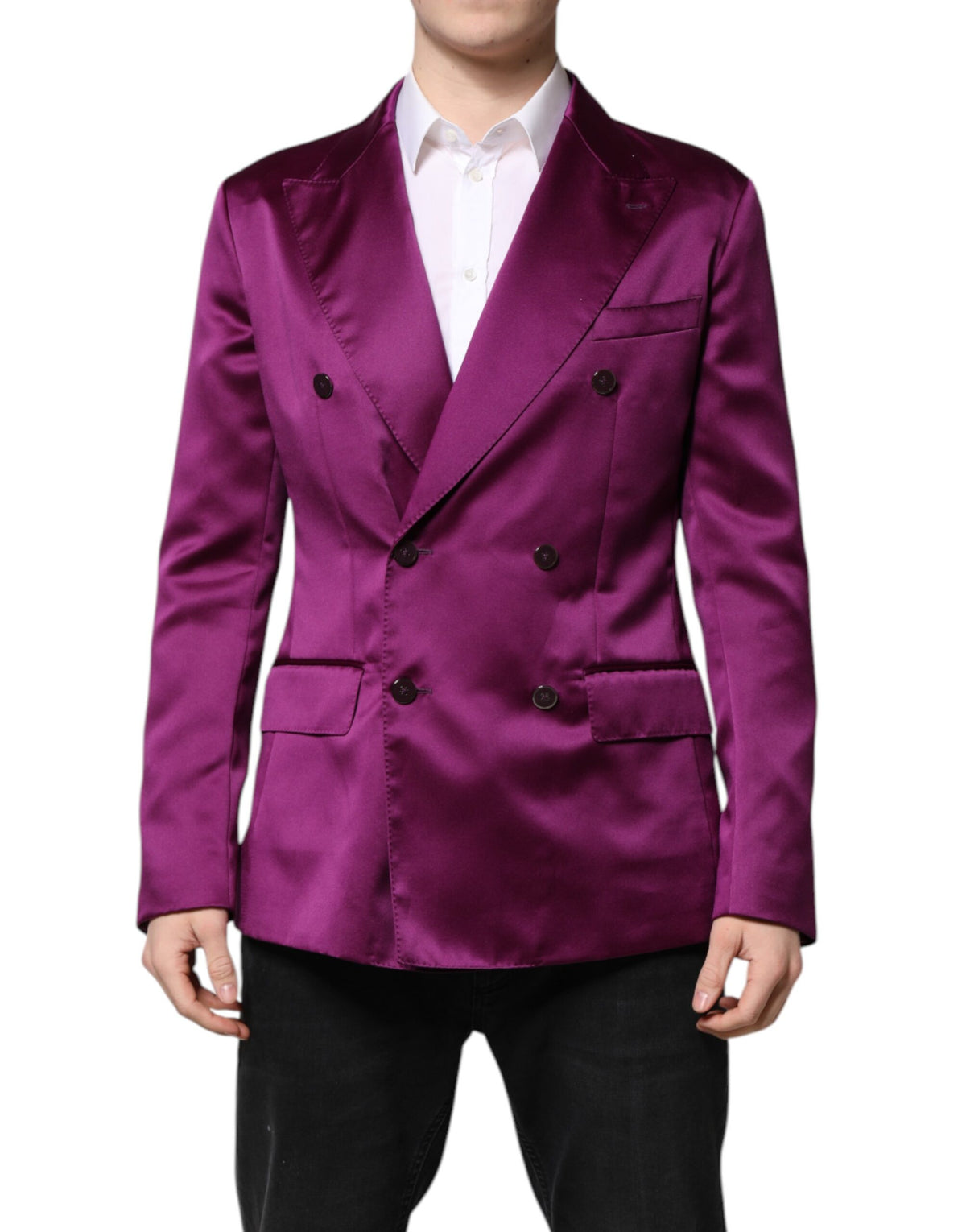 Elevate your wardrobe with the Dolce & Gabbana Purple Double Breasted Men Suit Coat Blazer, a masterpiece of Italian craftsmanship that embodies timeless elegance and sophistication.