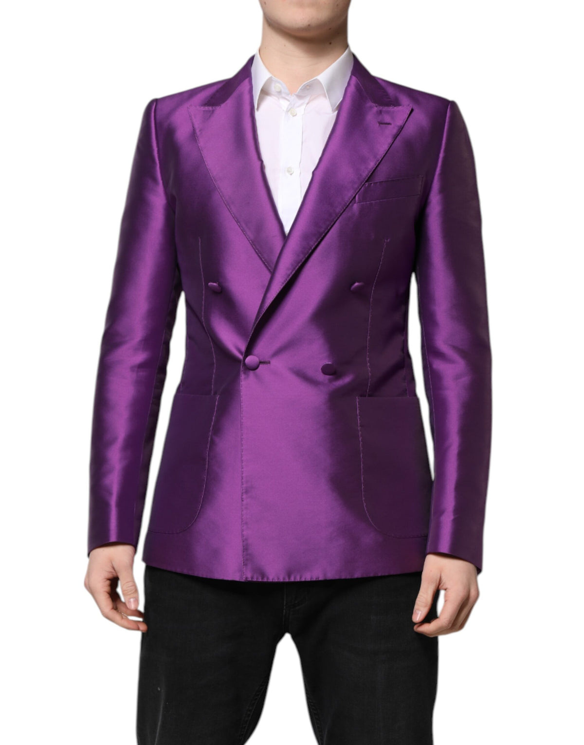 Elevate your wardrobe with the Dolce & Gabbana Purple Double Breasted Men Suit Coat Blazer, a masterpiece of Italian craftsmanship in luxurious polyester, perfect for the discerning individual.