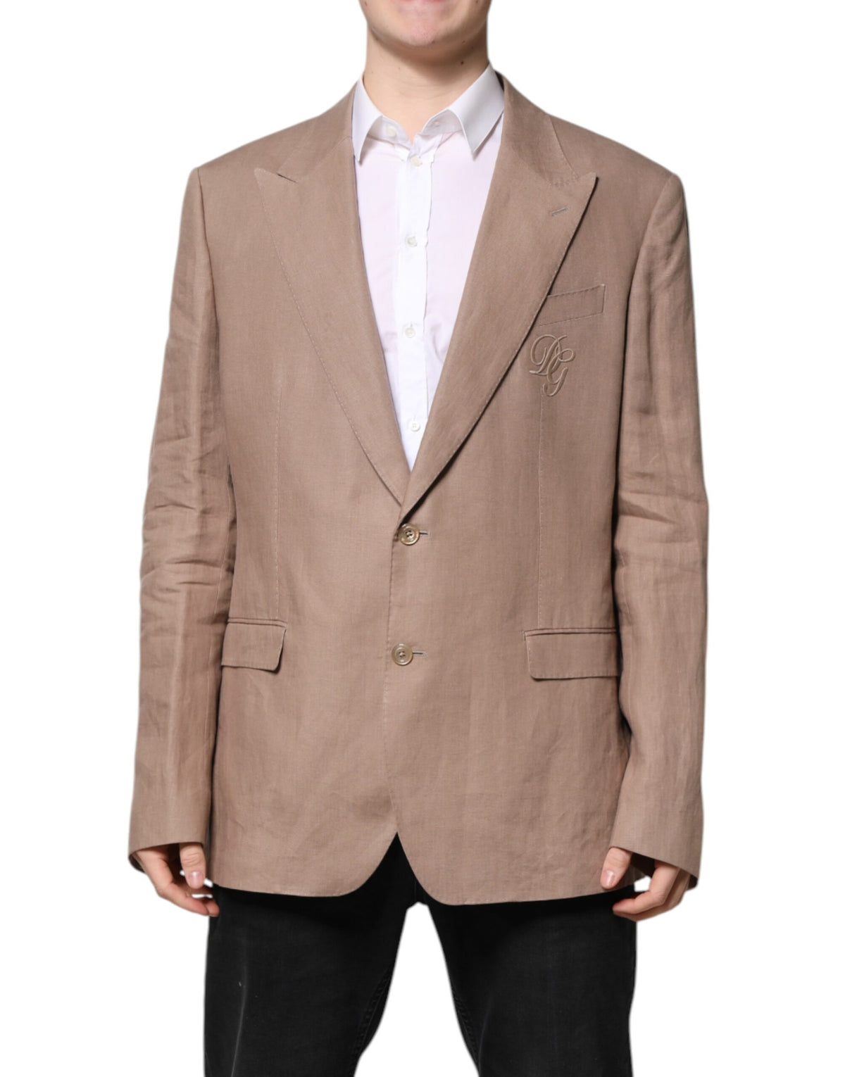 Indulge in the exquisite Dolce & Gabbana Beige TAORMINA Single Breasted Coat Blazer, crafted from luxurious flax and silk, embodying timeless elegance and sophisticated allure.