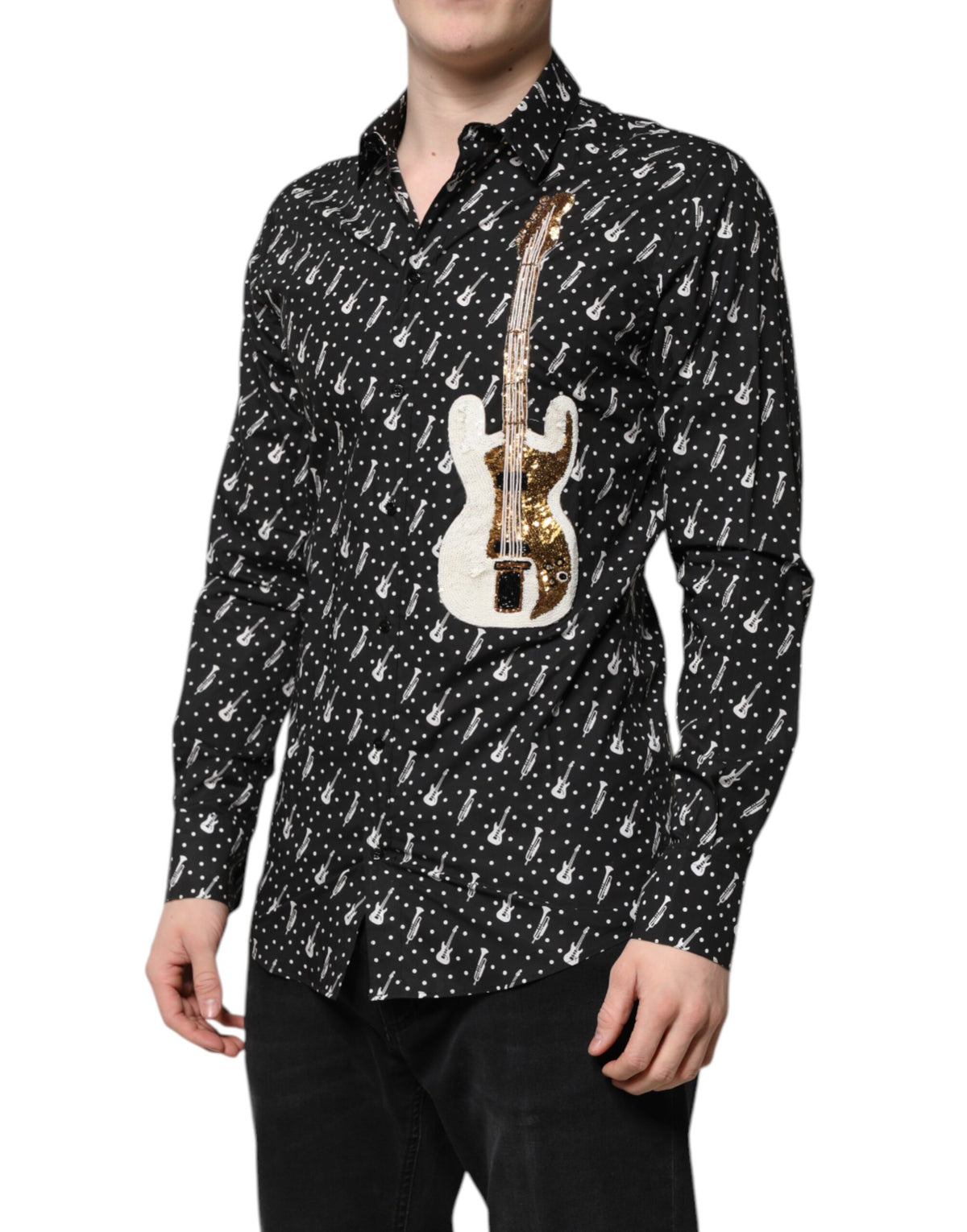 Indulge in the Dolce & Gabbana Black GOLD Instrument Embellished Shirt, a masterpiece of Italian craftsmanship that exudes timeless elegance and sensual luxury.