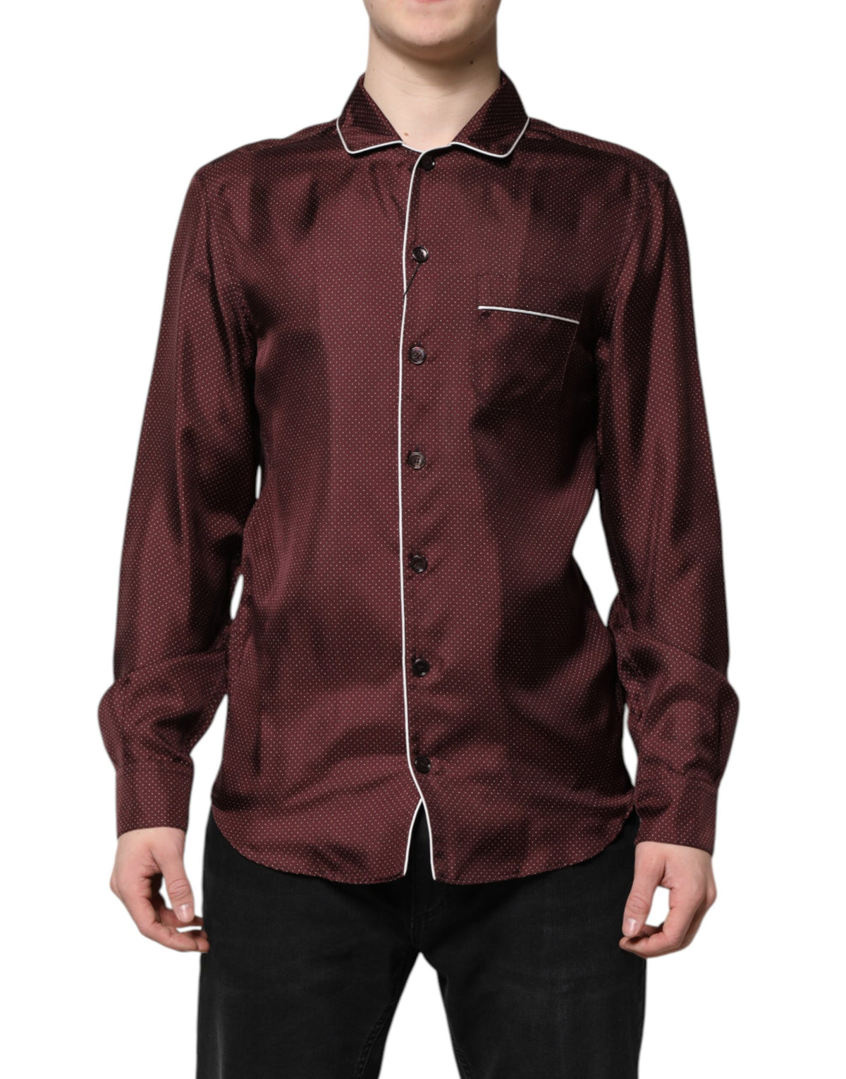 Indulge in the exquisite Dolce & Gabbana Burgundy Silk Dotted Long Sleeves Shirt, a masterpiece of Italian craftsmanship that elevates your elegance effortlessly.