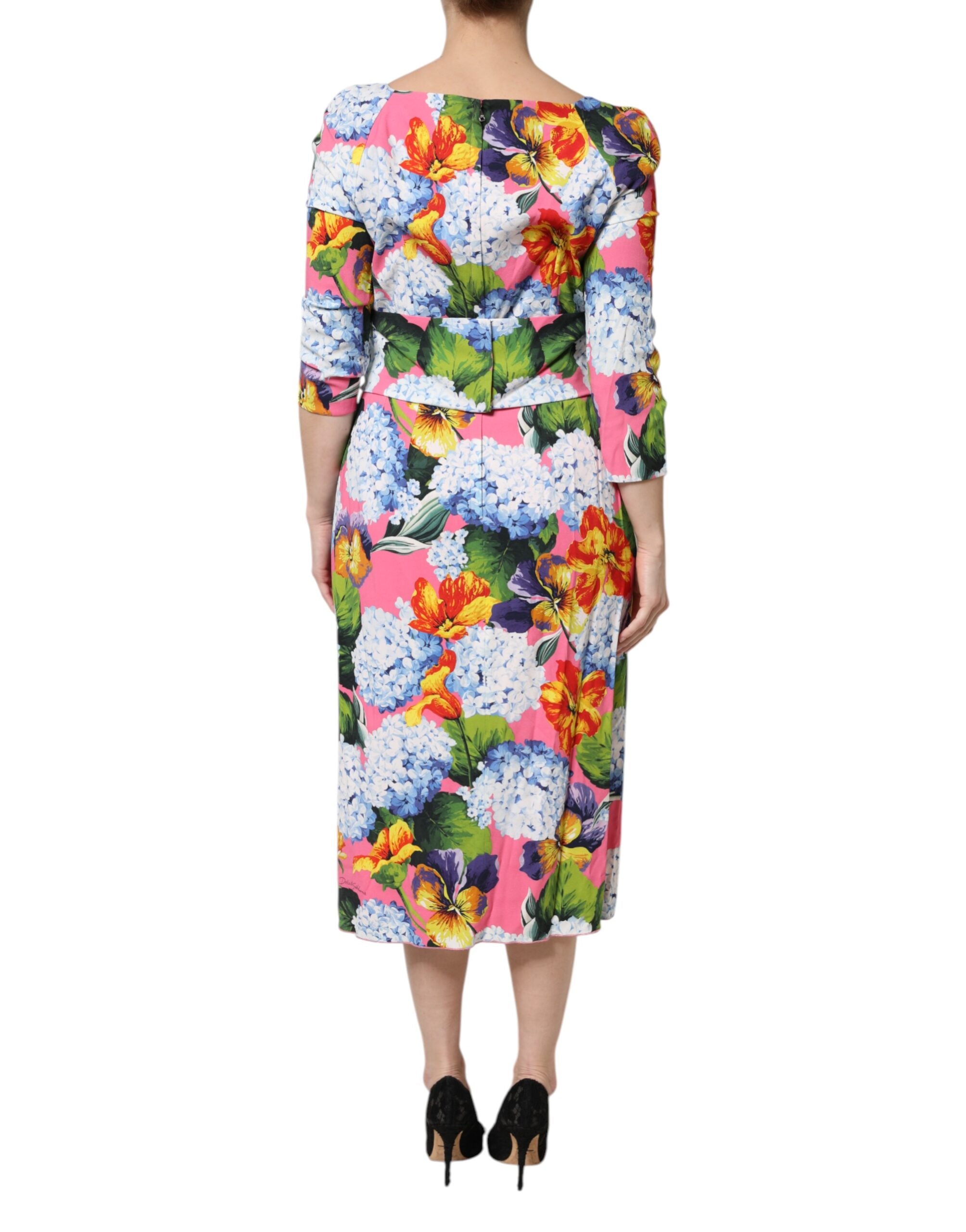 Indulge in the exquisite Dolce & Gabbana Multicolor Floral Pleated Sheath Midi Dress, a masterpiece of luxurious silk and viscose, embodying timeless elegance and sophisticated allure.