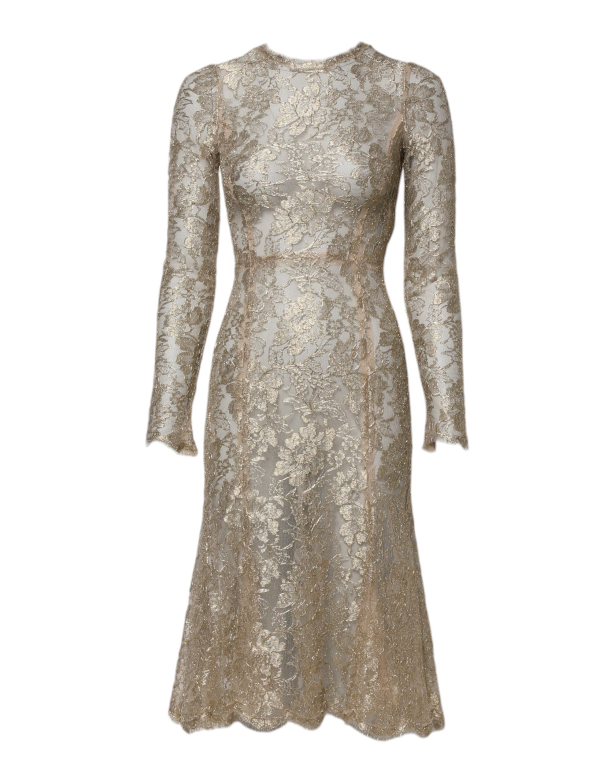 Experience the allure of the Dolce & Gabbana Gold Floral Lace Long Sleeves Fit & Flare Dress, a masterpiece of Italian craftsmanship that redefines luxury elegance.