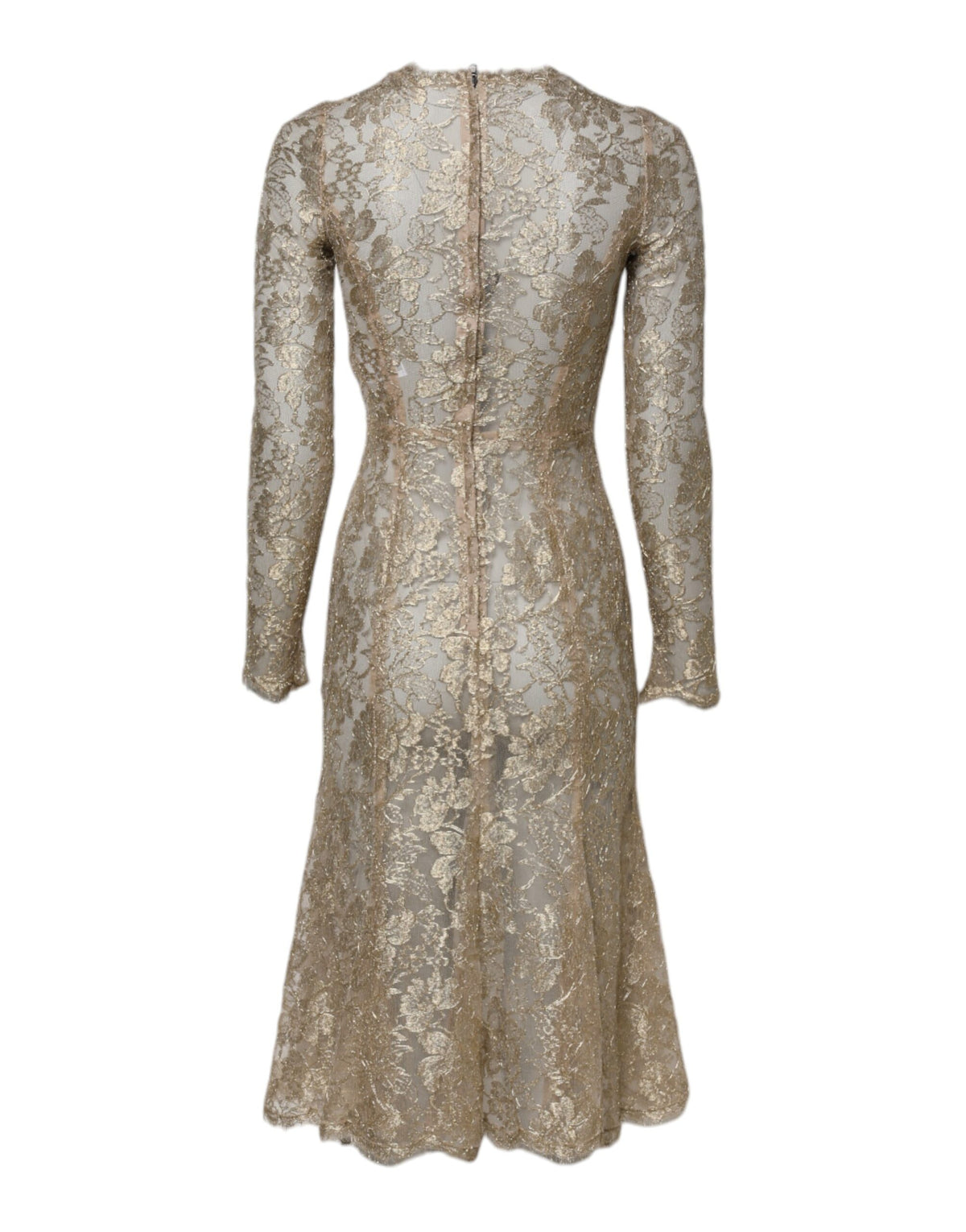 Elevate your elegance with the Dolce & Gabbana Gold Floral Lace Long Sleeves Fit & Flare Dress, a masterpiece of Italian craftsmanship that embodies timeless luxury and allure.