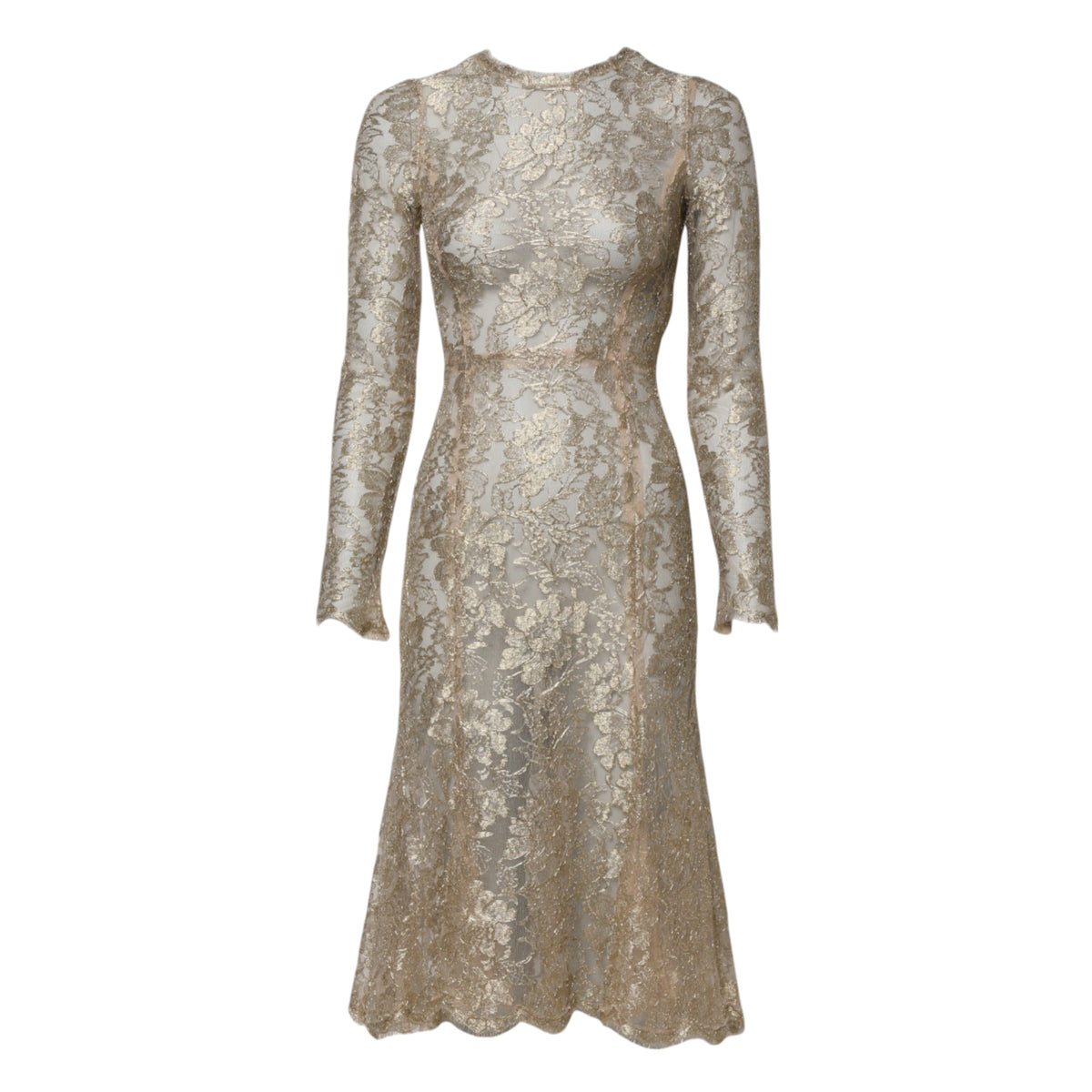 Experience the allure of the Dolce & Gabbana Gold Floral Lace Long Sleeves Fit & Flare Dress, a masterpiece of Italian craftsmanship that redefines luxury elegance.