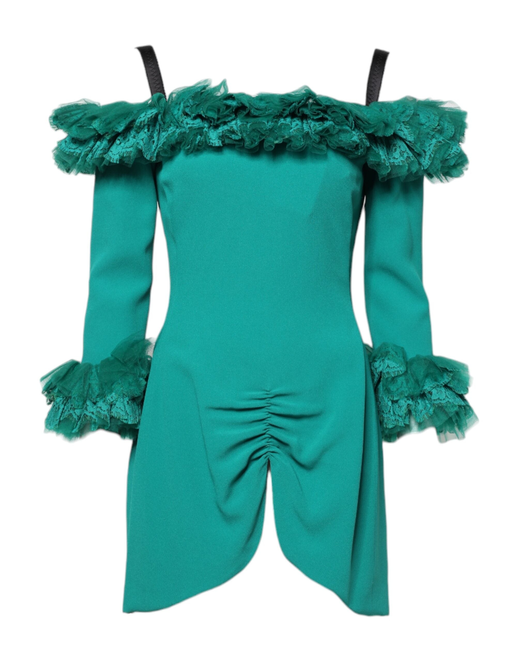 Indulge in the exquisite allure of the Dolce & Gabbana Green Lace Off Shoulder Sheath Mini Dress, a testament to Italian craftsmanship and timeless elegance.