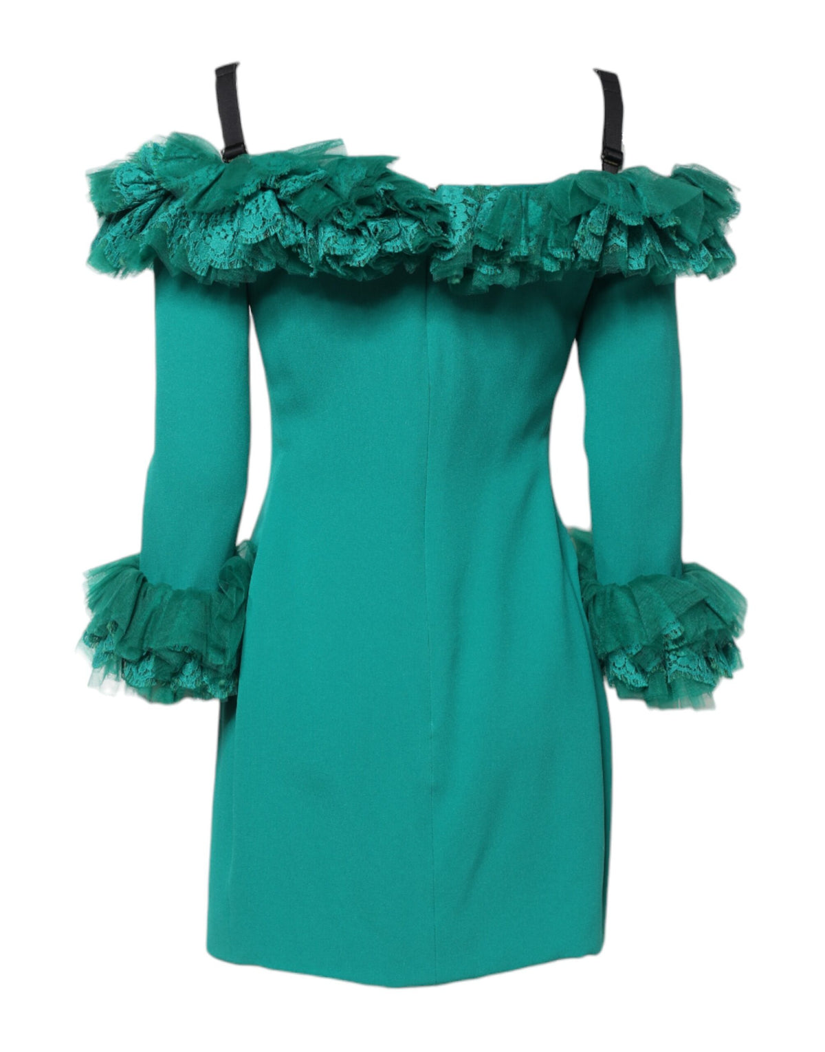 Indulge in the opulent allure of the Dolce & Gabbana Green Lace Off Shoulder Sheath Mini Dress, a masterpiece of Italian craftsmanship that embodies timeless elegance and sophistication.