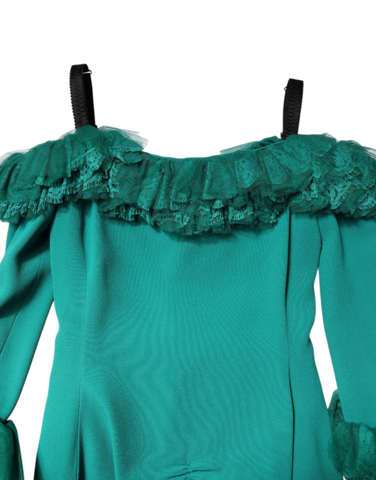 Indulge in the exquisite allure of the Dolce & Gabbana Green Lace Off Shoulder Sheath Mini Dress, a masterpiece of Italian craftsmanship that embodies luxury and sophistication.