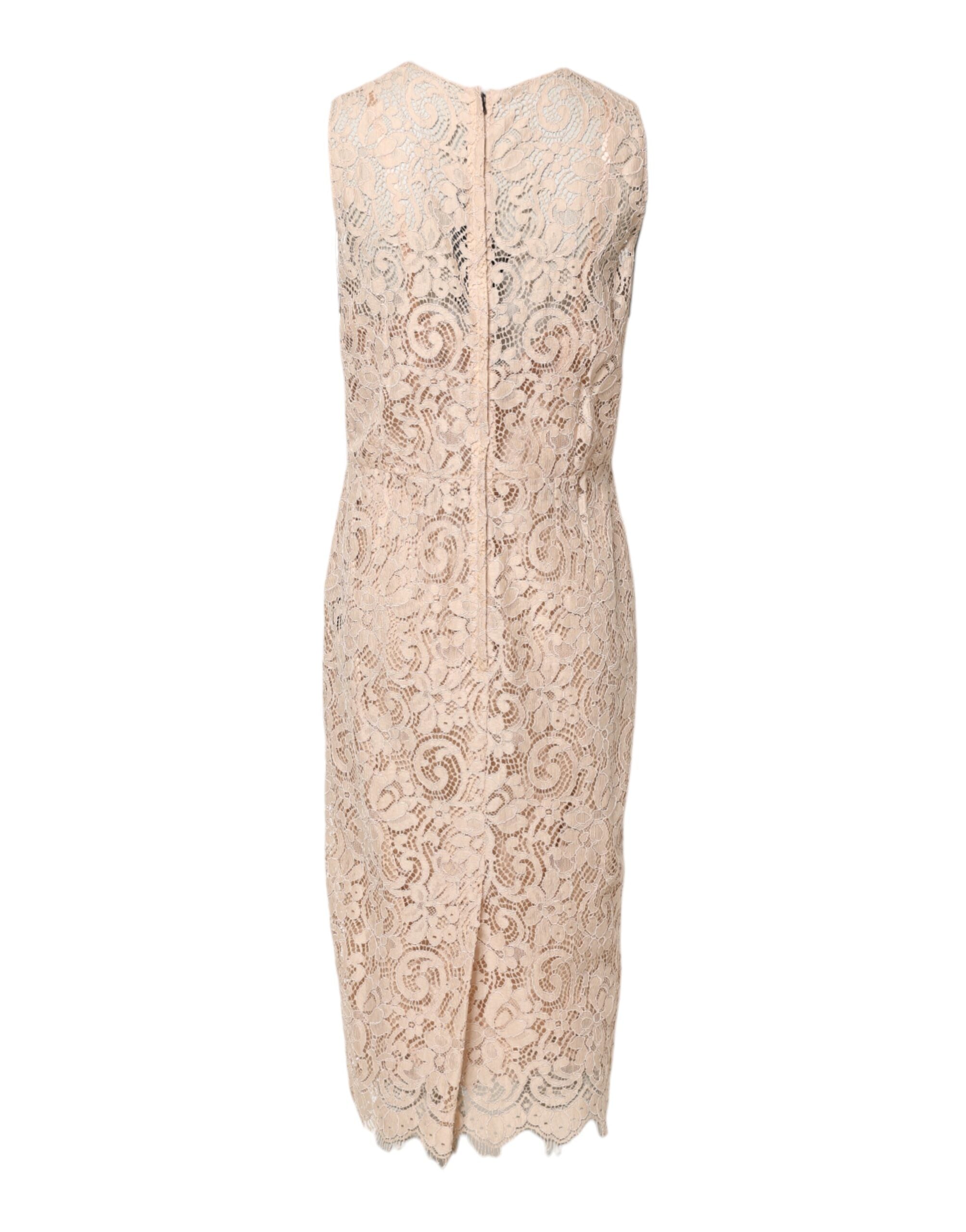 Elevate your wardrobe with the Dolce & Gabbana Beige Floral Lace Sleeveless Sheath Dress, a masterpiece of Italian craftsmanship that exudes timeless elegance and sophistication.