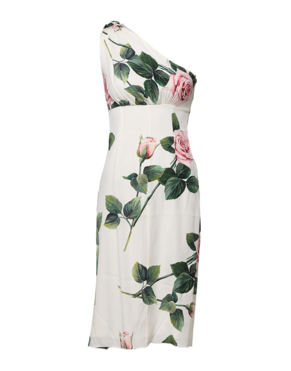 Experience the exquisite allure of the Dolce & Gabbana White Floral One Shoulder Sheath Midi Dress, crafted in luxurious silk for the discerning individual who embodies elegance and sophistication.