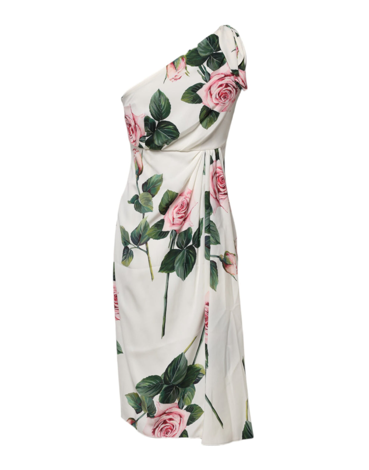 Discover the Dolce & Gabbana White Floral One Shoulder Sheath Midi Dress, a masterpiece of silk craftsmanship that embodies elegance and sophistication for any upscale occasion.