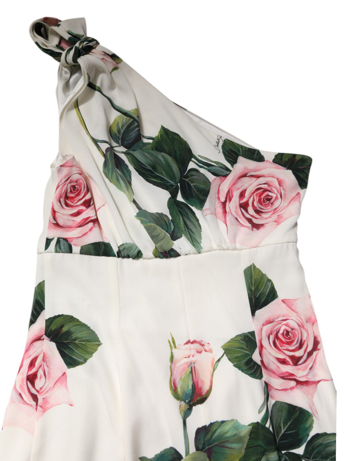Experience the allure of the Dolce & Gabbana White Floral One Shoulder Sheath Midi Dress, a masterpiece in silk that embodies sophistication and timeless elegance.
