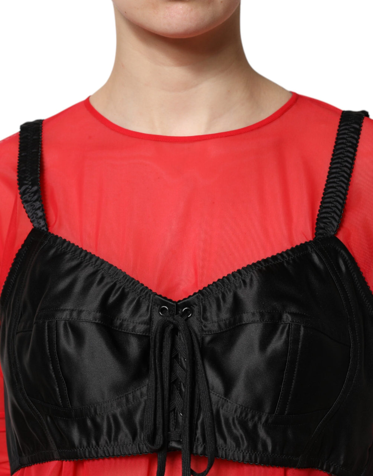 Elevate your style with the Dolce & Gabbana Red Black Bustier Detailing Long Sleeves Top, a masterpiece of Italian craftsmanship in luxurious nylon and elastane, perfect for any occasion.